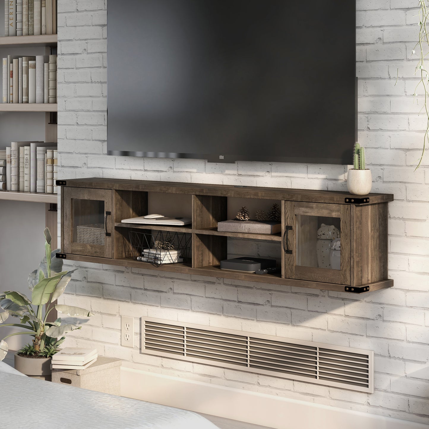Left angled modern reclaimed oak four-shelf wall mountable TV stand with glass doors in a living room with accessories