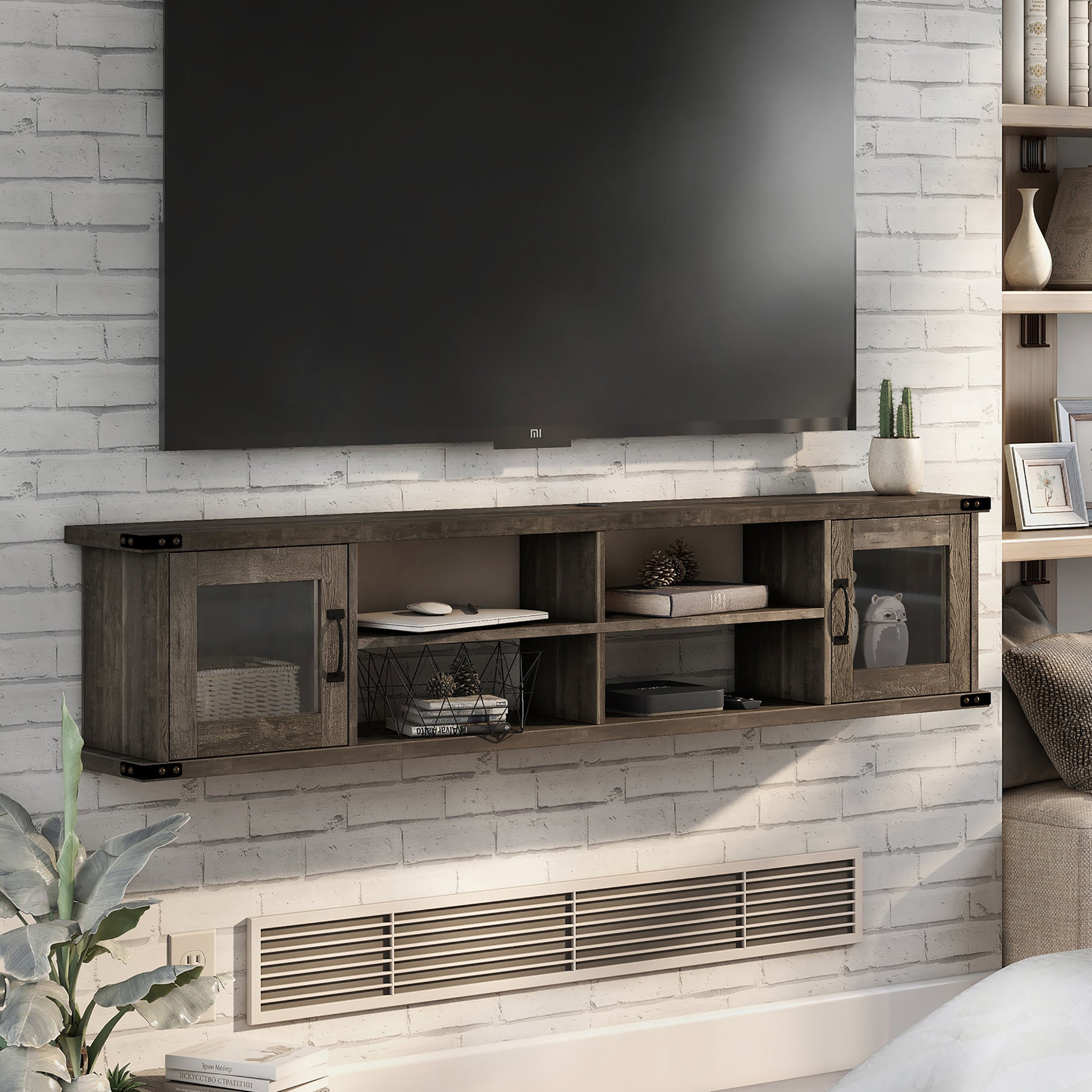 Right angled modern reclaimed oak four-shelf wall mountable TV stand with glass doors in a living room with accessories