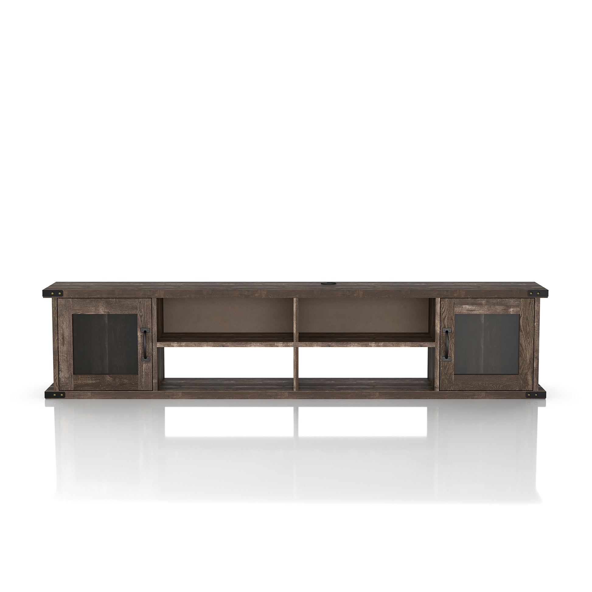 Front-facing modern reclaimed oak four-shelf wall mountable TV stand with glass doors on a white background