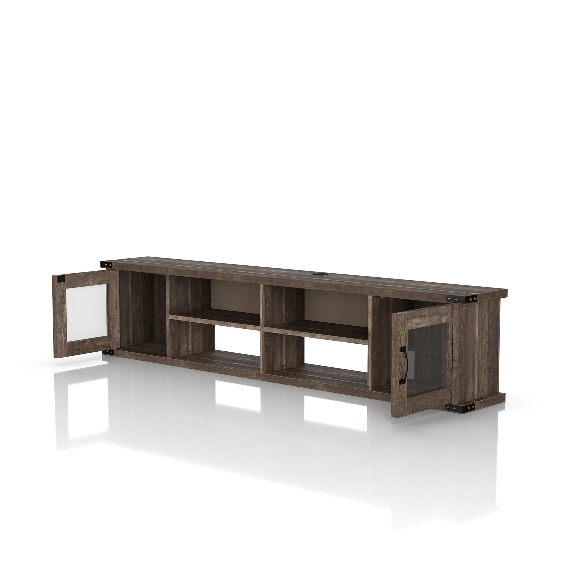Left angled modern reclaimed oak four-shelf wall mountable TV stand with glass doors open on a white background