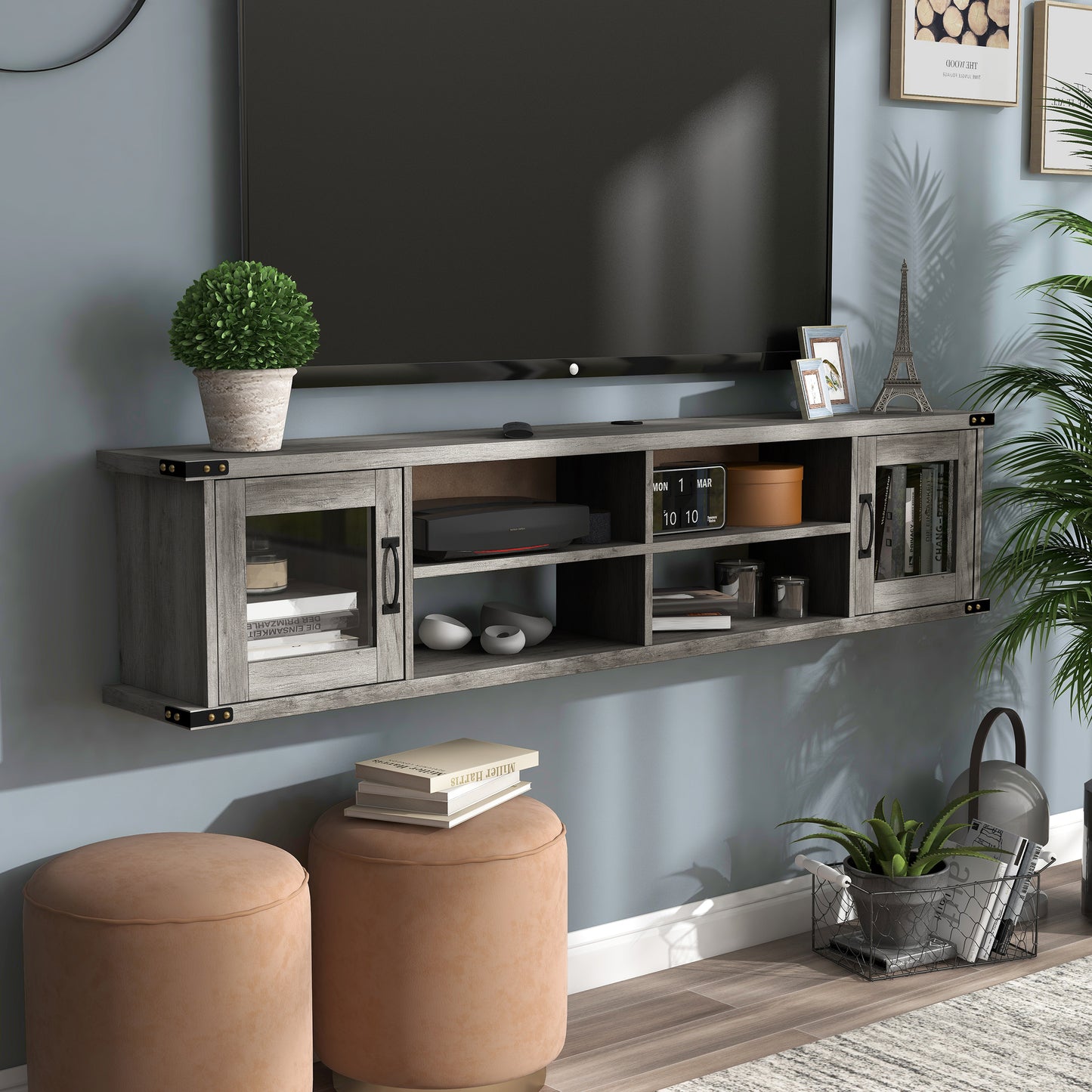Right angled modern vintage gray oak four-shelf wall mountable TV stand with glass doors in a living room with accessories