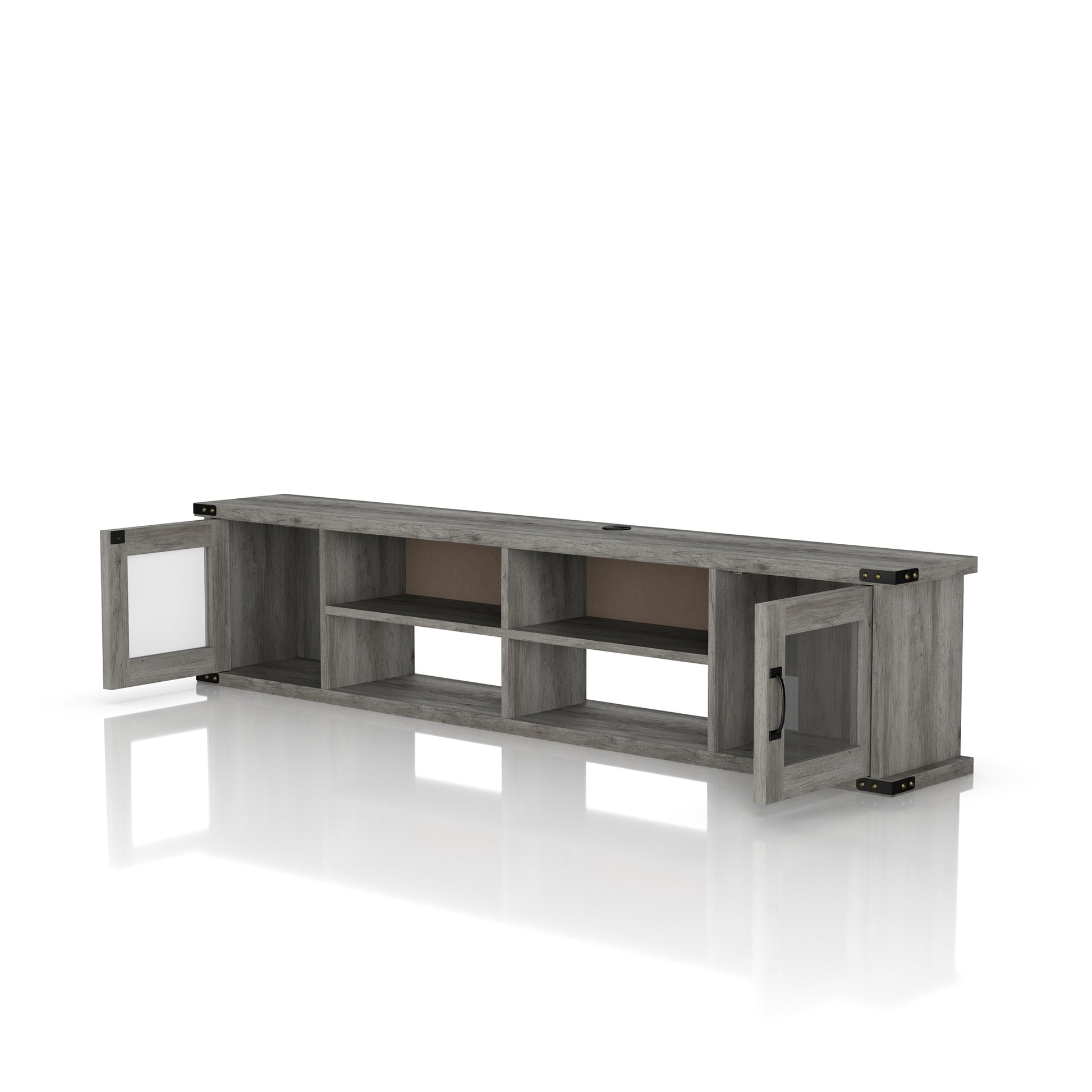 Left angled modern vintage gray oak four-shelf wall mountable TV stand with glass doors open on a white background