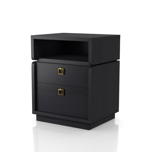 Left angled modern black two-drawer nightstand/end table on a white background