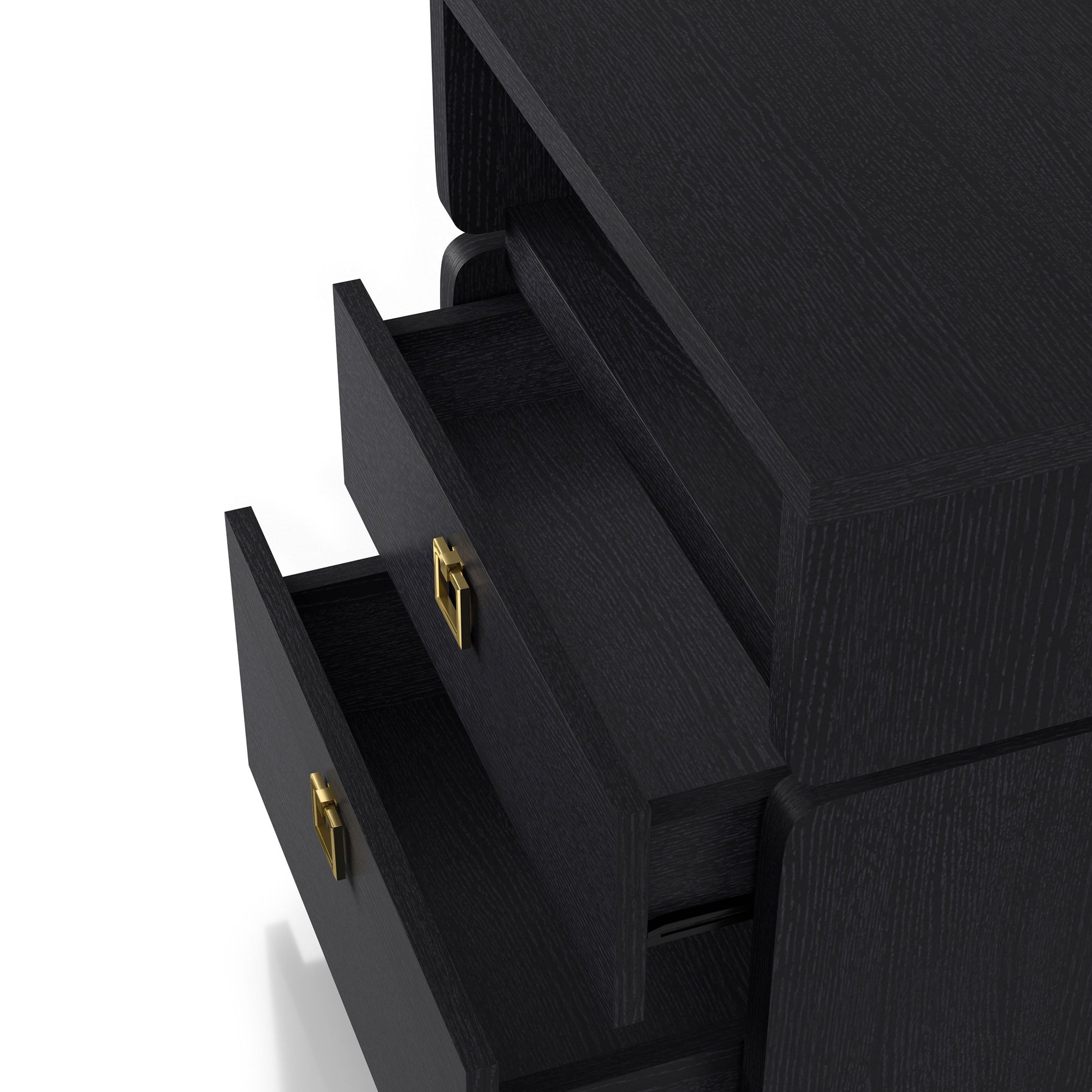 Left angled upper view of a modern black two-drawer nightstand/end table with drawers open on a white background