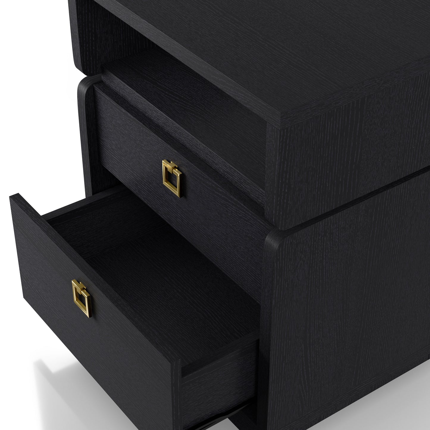 Left angled upper view of a modern black two-drawer nightstand/end table with bottom drawer open on a white background
