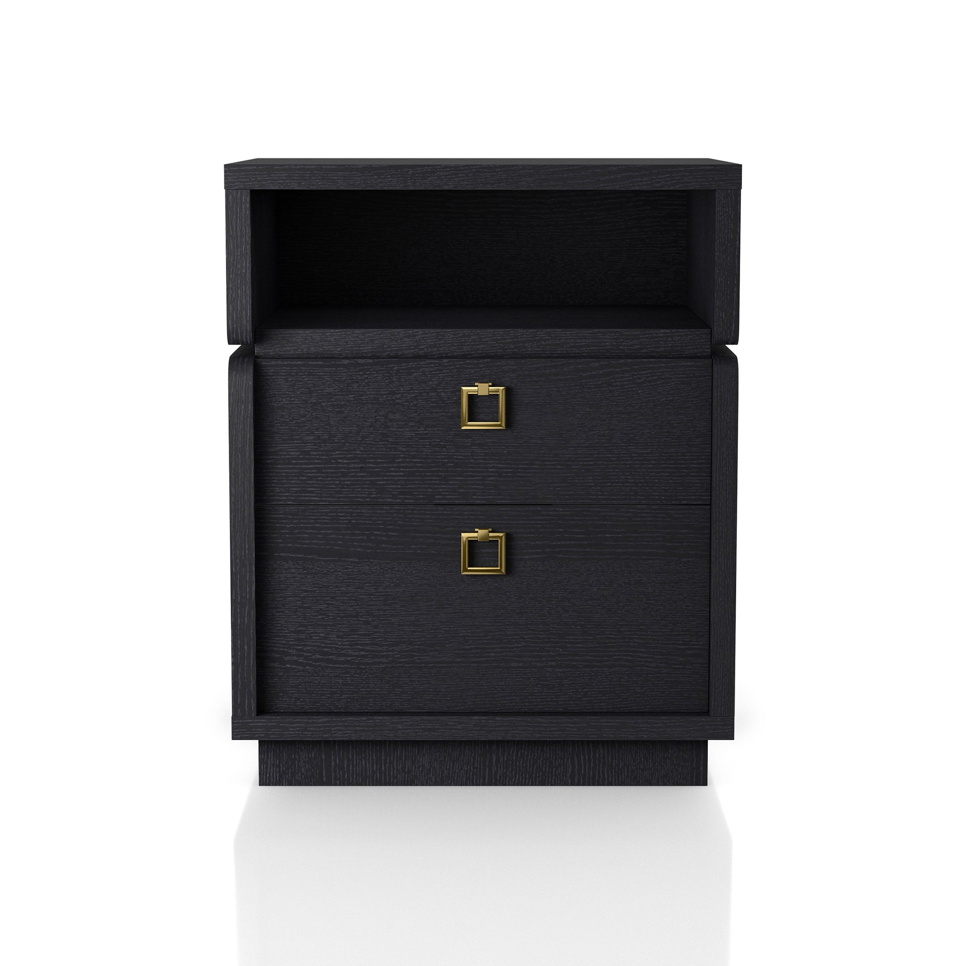 Front-facing modern black two-drawer nightstand/end table on a white background