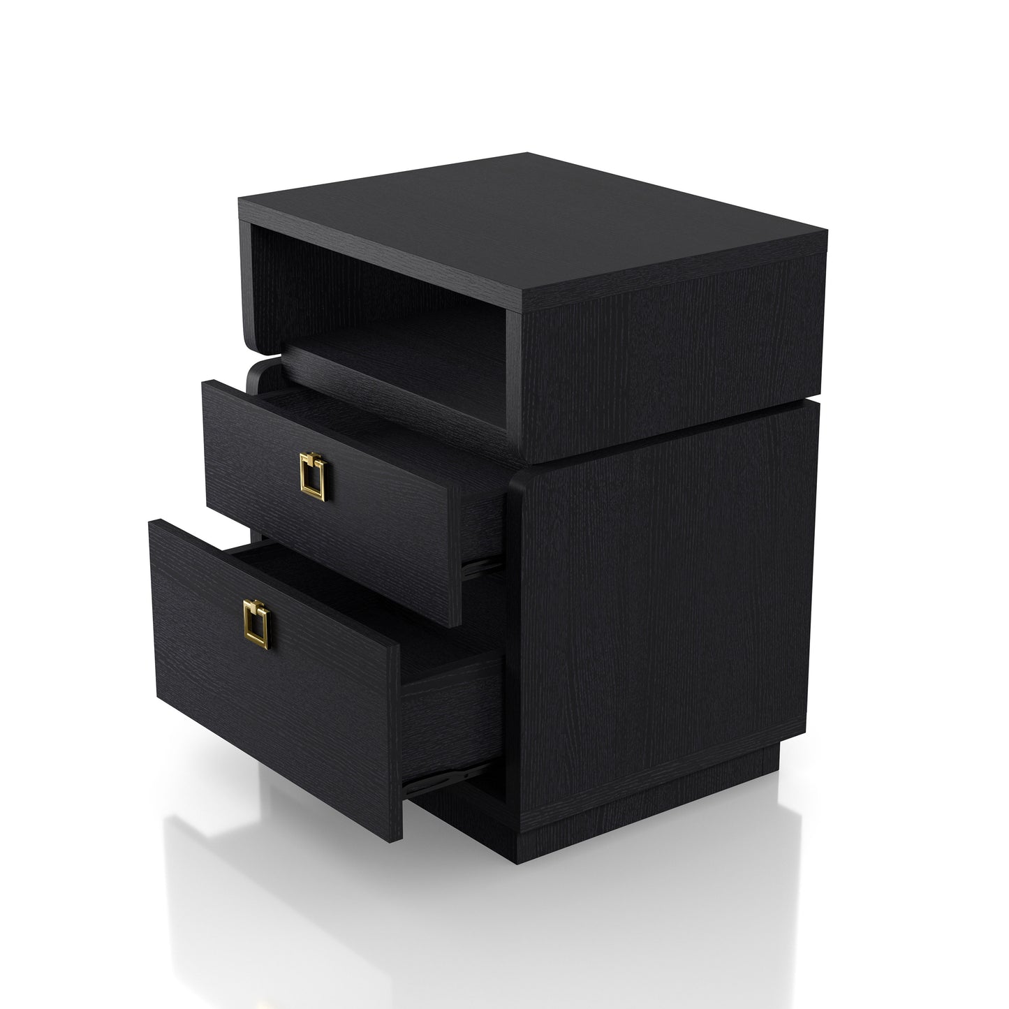 Left angled modern black two-drawer nightstand/end table with drawers open on a white background
