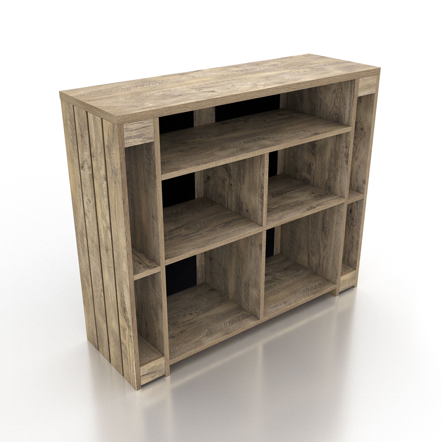 Right angled back view of a rustic weathered oak nine-shelf home bar with chalkboard doors on a white background