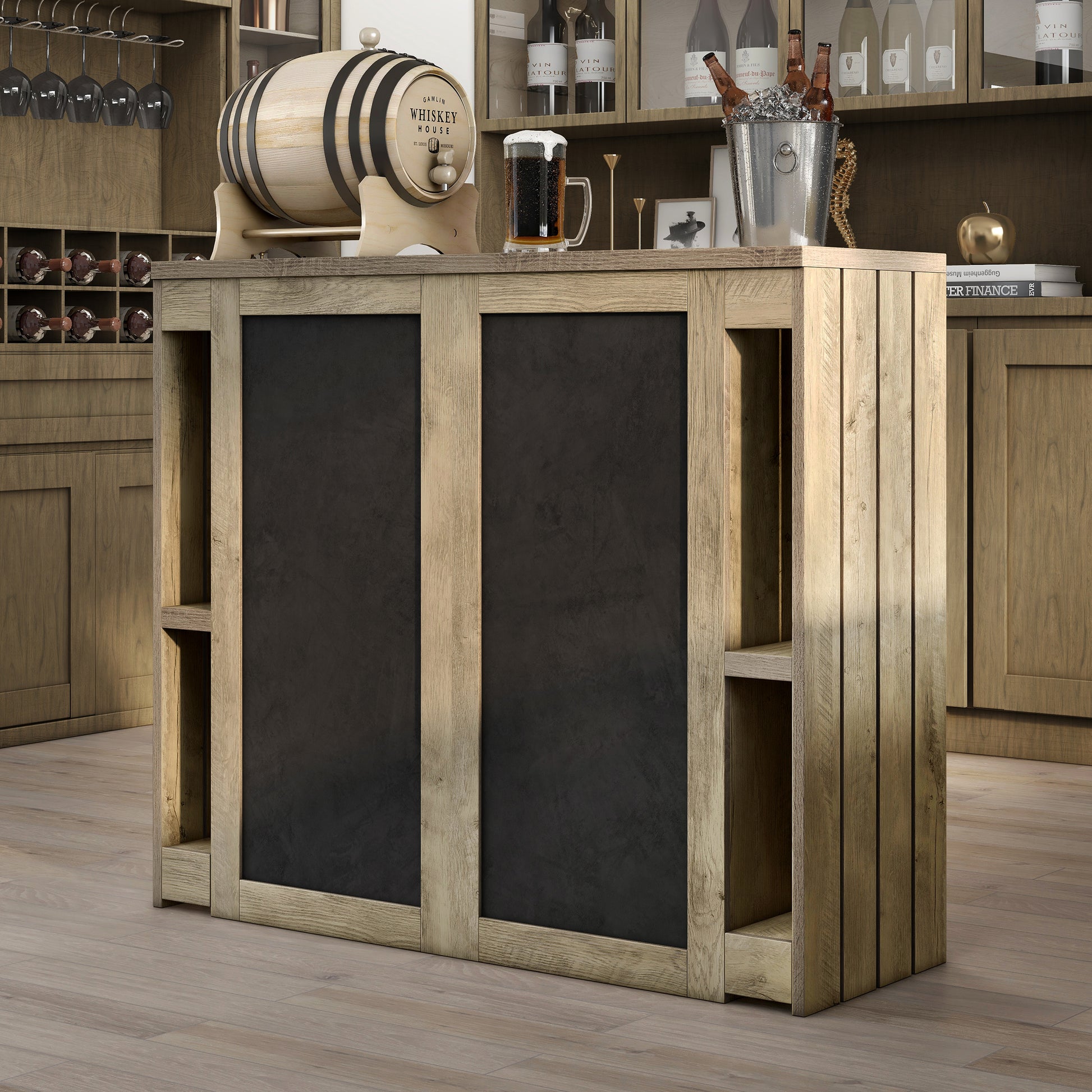 Left angled rustic weathered oak nine-shelf home bar with chalkboard doors in a living space with accessories