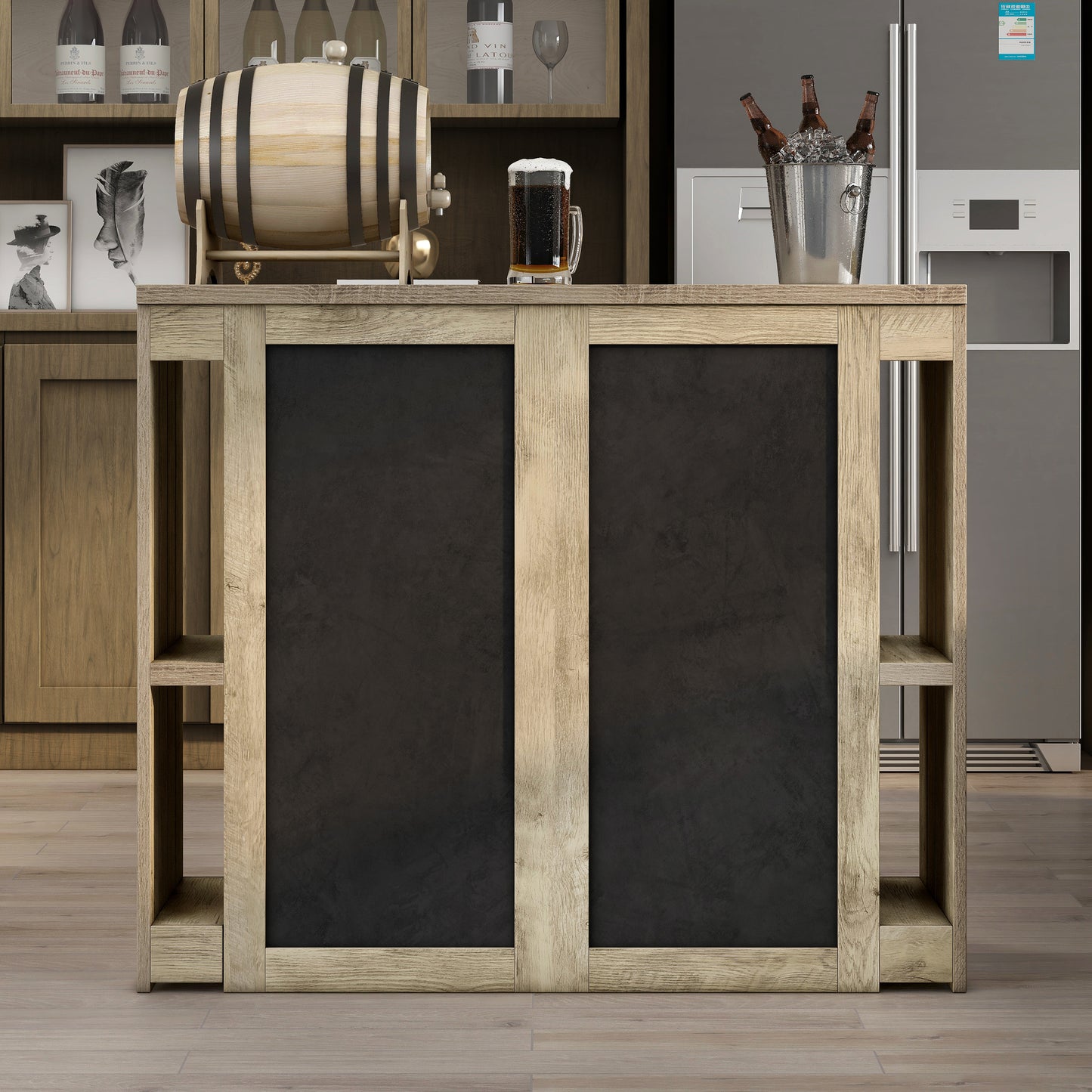 Front-facing rustic weathered oak nine-shelf home bar with chalkboard doors in a living space with accessories