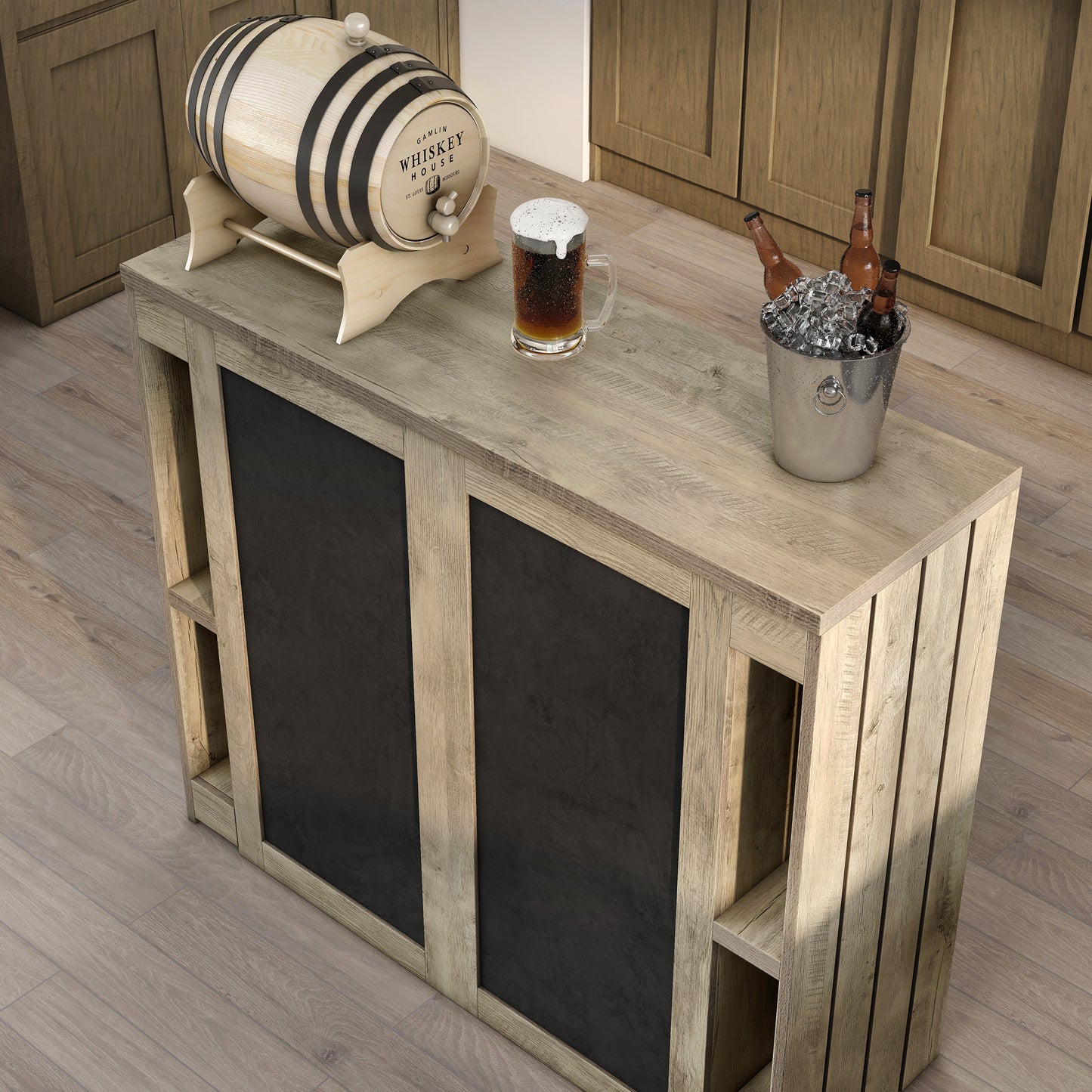 Left angled bird's eye view of a rustic weathered oak nine-shelf home bar with chalkboard doors in a living space with accessories