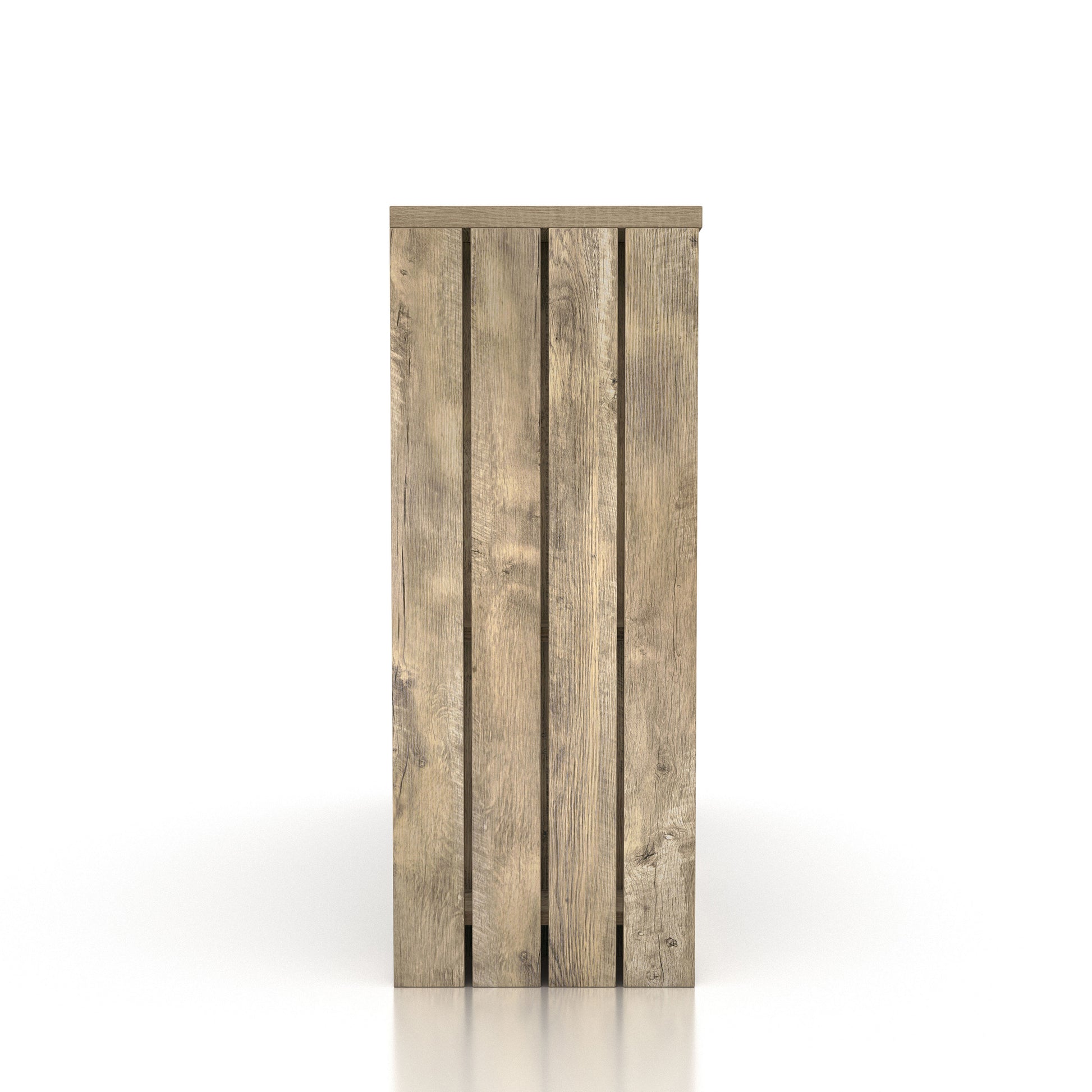 Front-facing side view of a rustic weathered oak nine-shelf home bar with chalkboard doors ion a white background