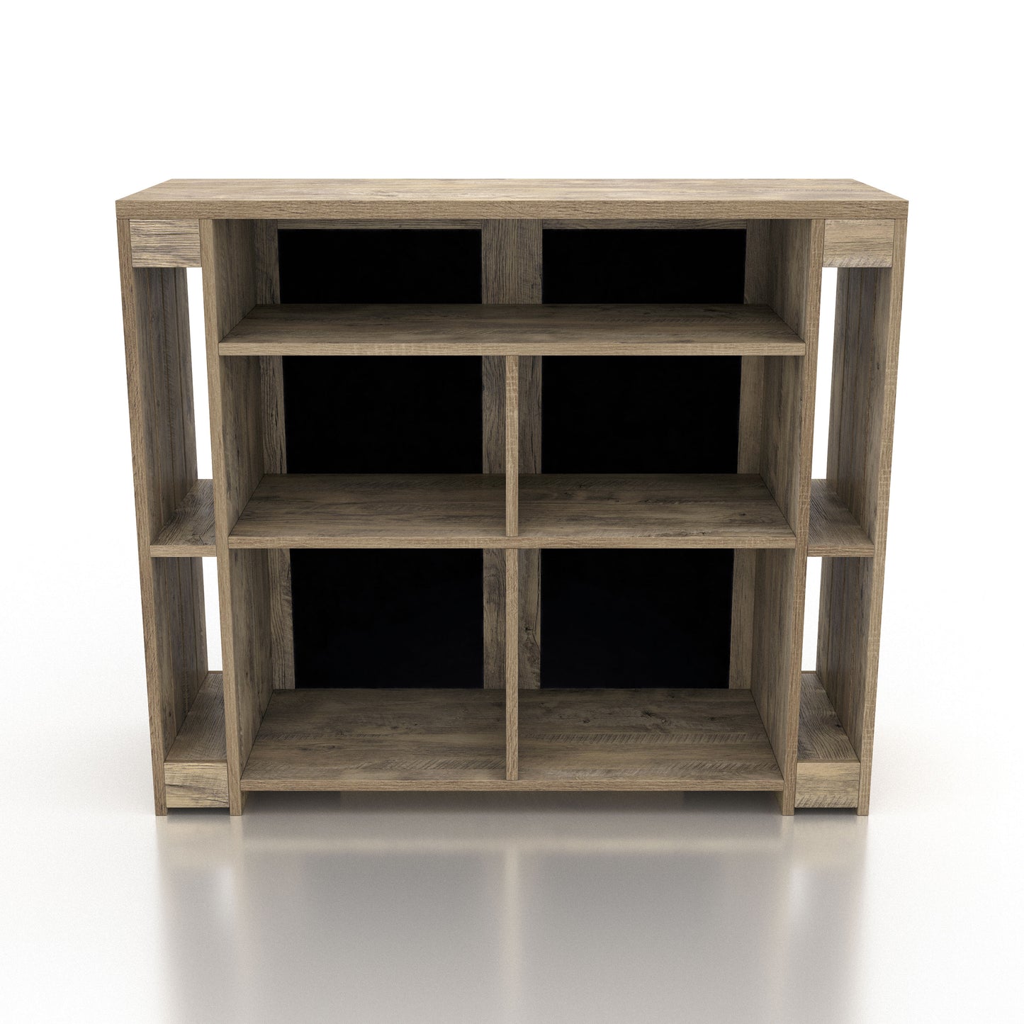Front-facing back view of a rustic weathered oak nine-shelf home bar with chalkboard doors ion a white background