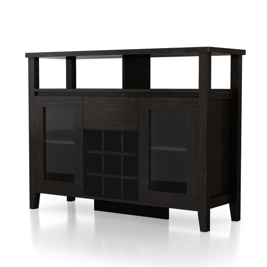 Left angled transitional espresso nine-bottle storage buffet with glass doors on a white background