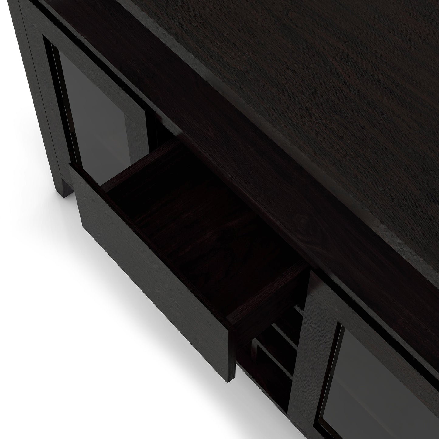 Left angled bird's eye open drawer detail view of a transitional espresso nine-bottle storage buffet with glass doors on a white background