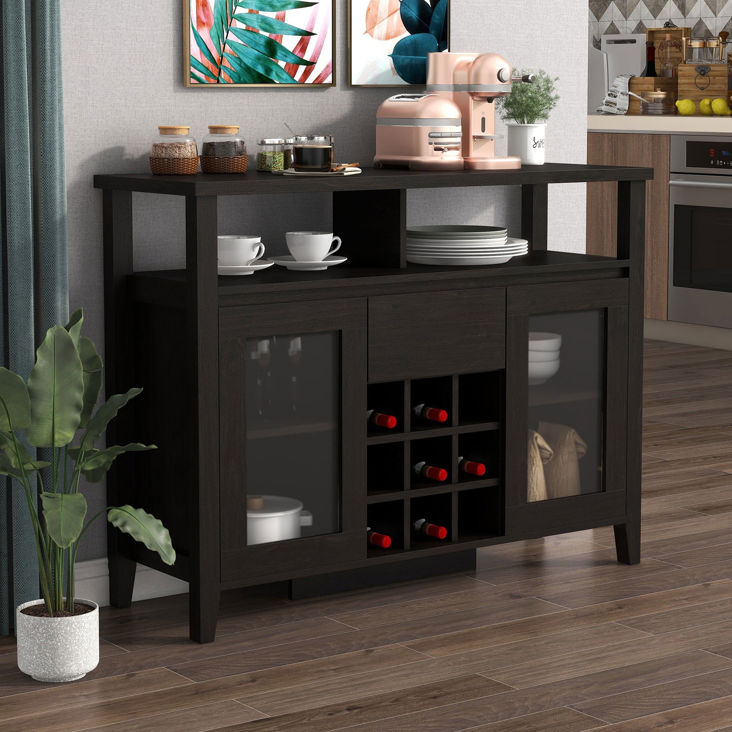 Right angled transitional espresso nine-bottle storage buffet with glass doors in a dining room with accessories