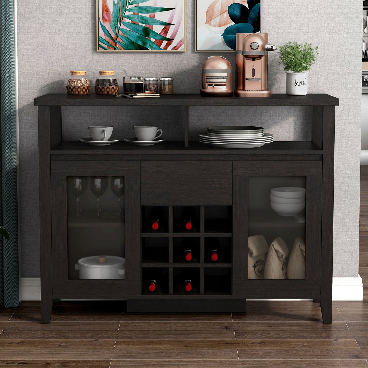 Front-facing transitional espresso nine-bottle storage buffet with glass doors in a dining room with accessories