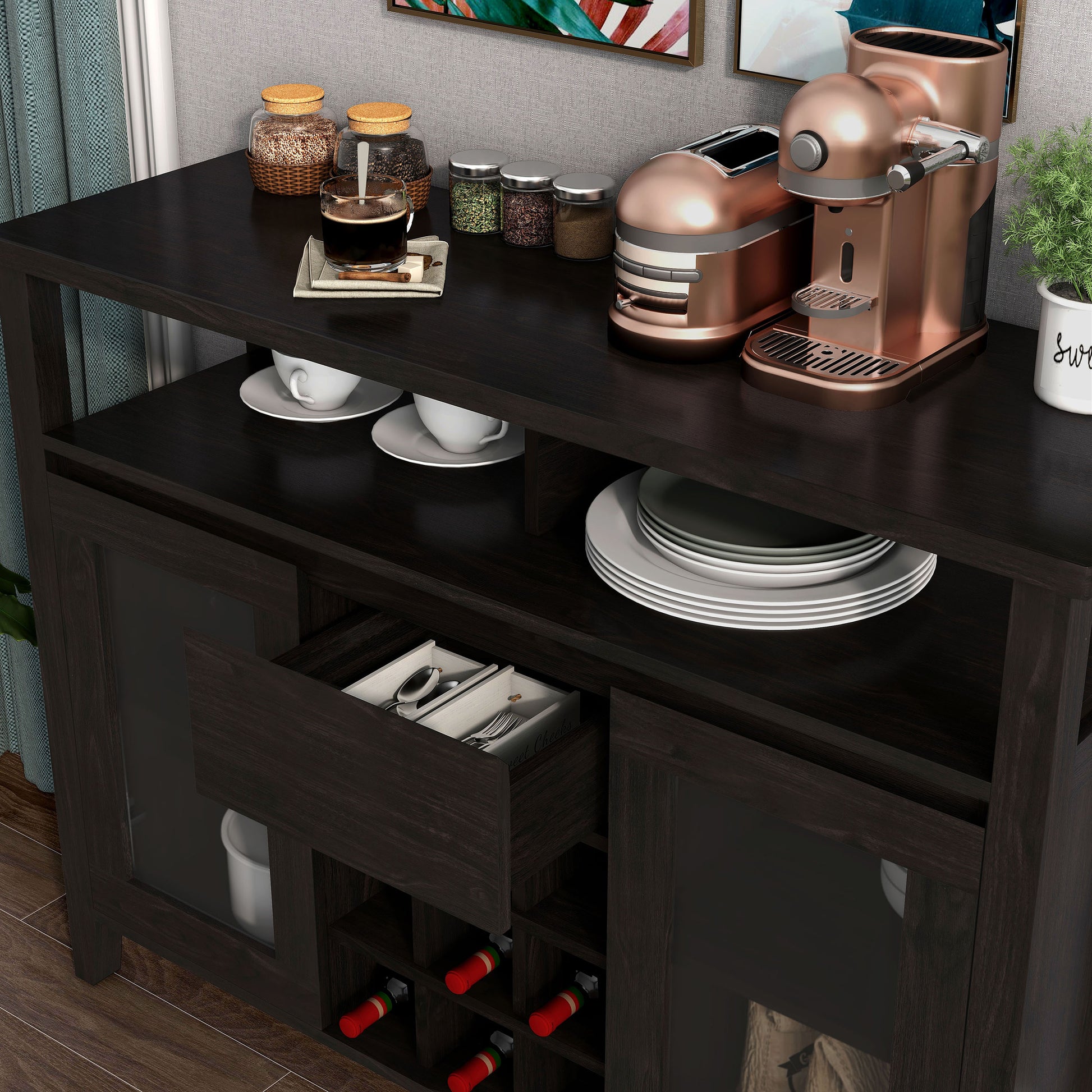 Left angled upper view of a transitional espresso nine-bottle storage buffet with glass doors and drawer open in a dining room with accessories