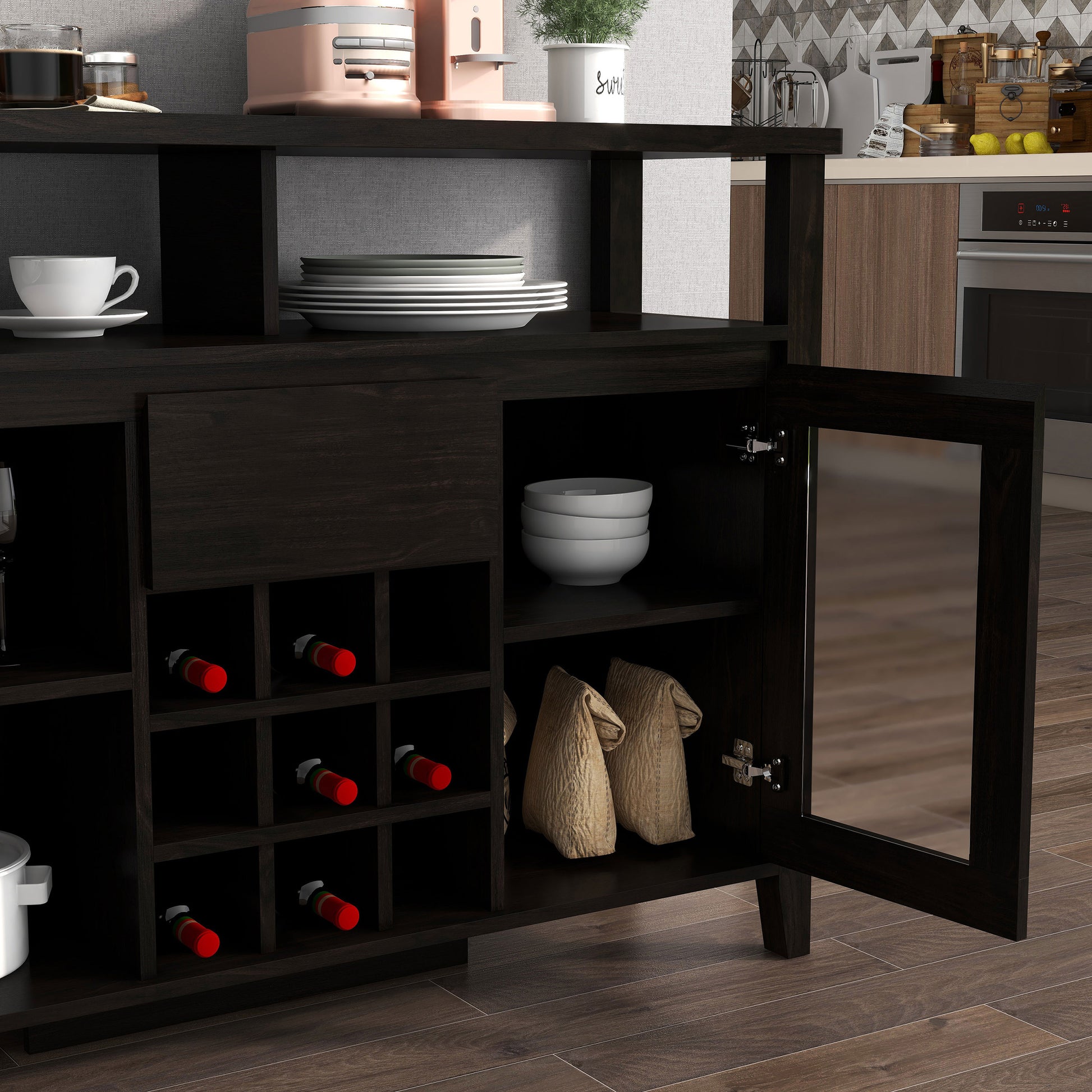 Right angled close-up view of a transitional espresso nine-bottle storage buffet with one glass door open in a dining room with accessories