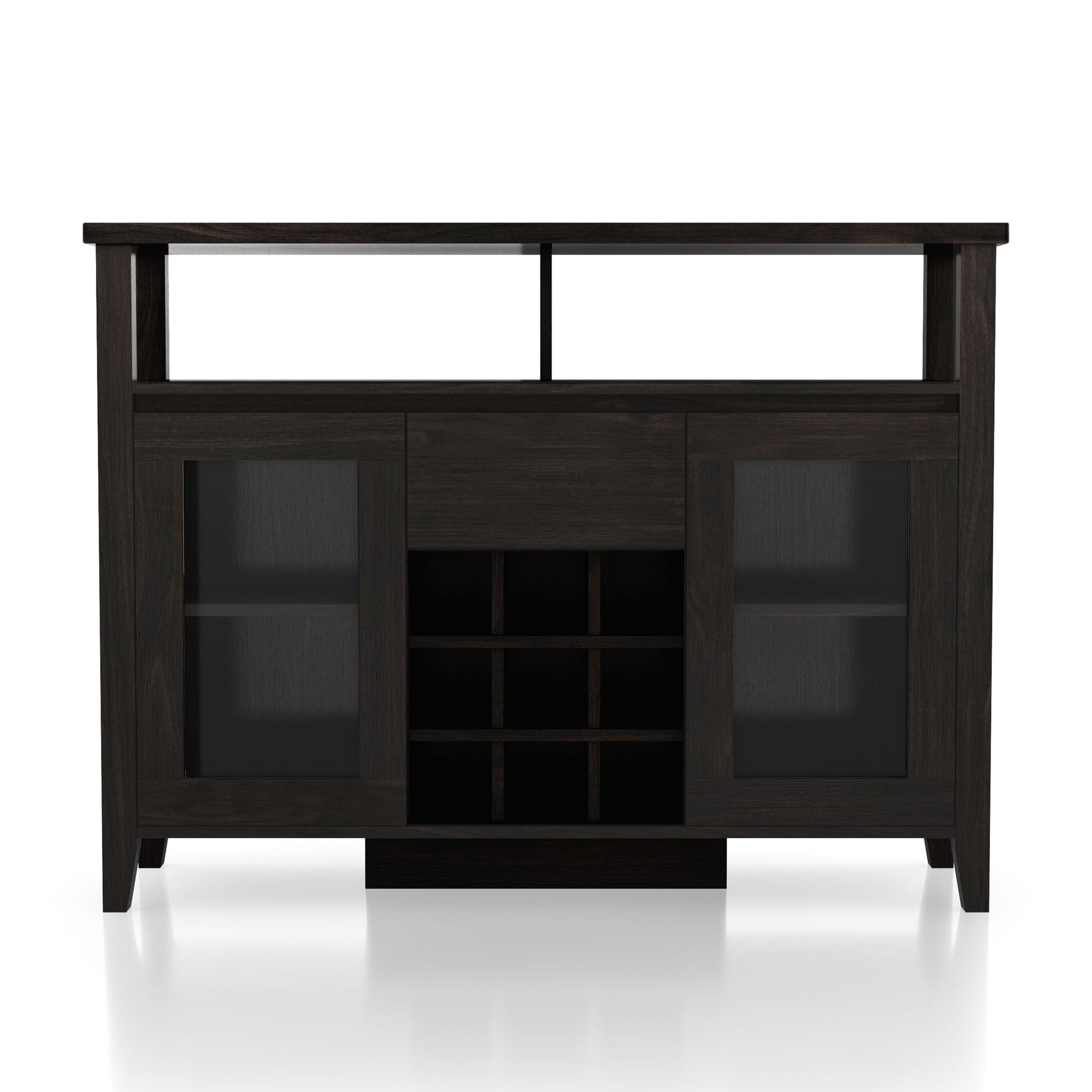 Front-facing transitional espresso nine-bottle storage buffet with glass doors on a white background