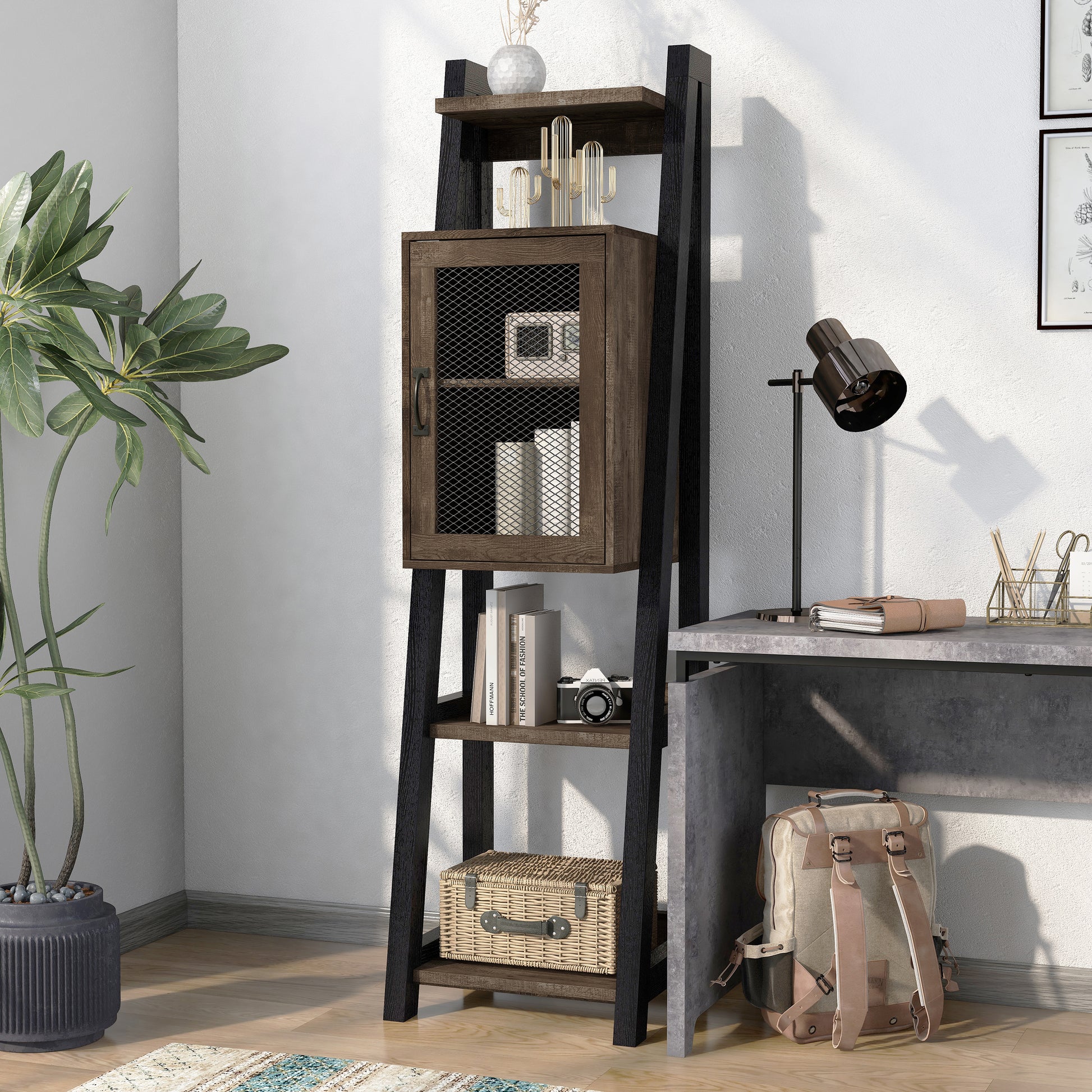 Left angled farmhouse reclaimed oak and black six-shelf one-cabinet compact bookcase in a home office with accessories