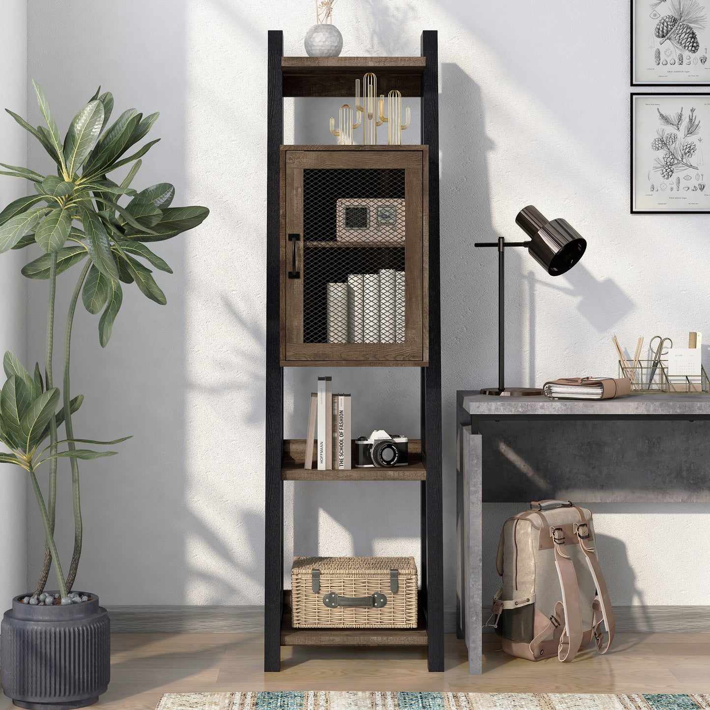 Front-facing farmhouse reclaimed oak and black six-shelf one-cabinet compact bookcase in a home office with accessories