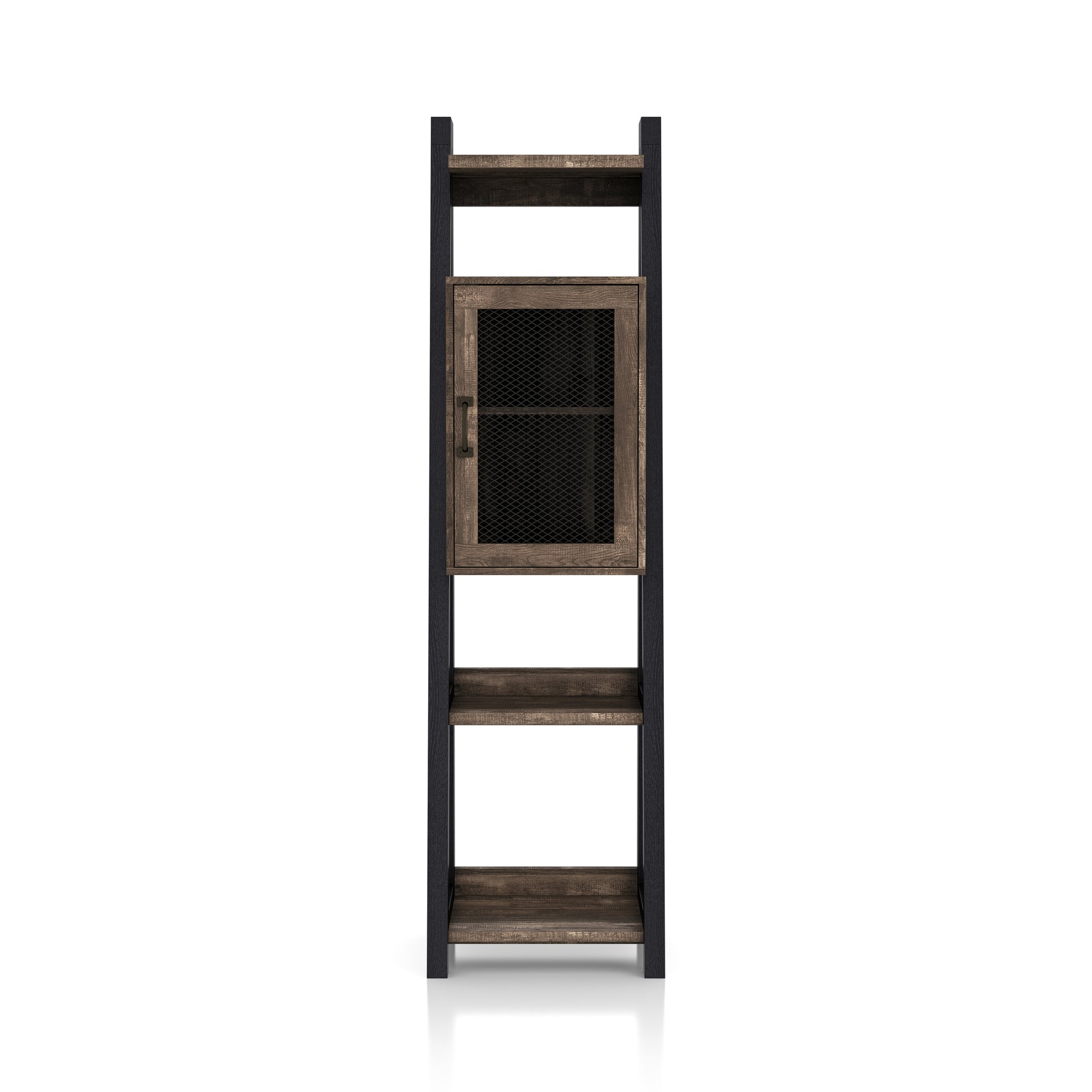 Front-facing farmhouse reclaimed oak and black six-shelf one-cabinet compact bookcase on a white background