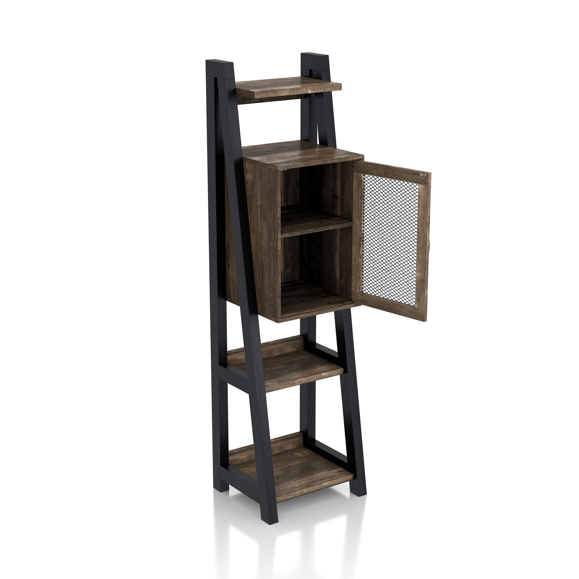 Right angled farmhouse reclaimed oak and black six-shelf one-cabinet compact bookcase with mesh door open on a white background