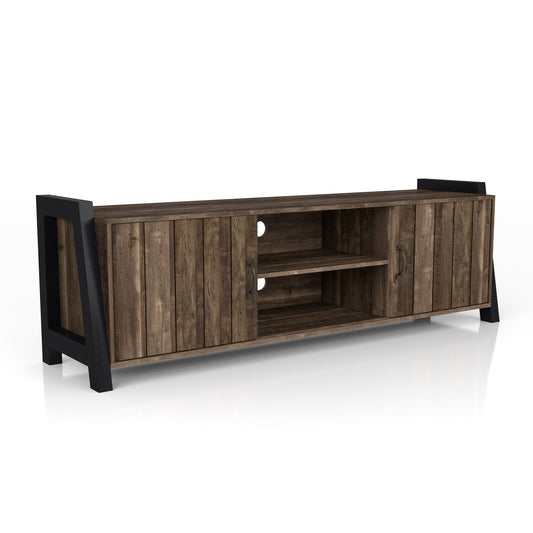 Right angled farmhouse reclaimed oak and black six-shelf TV stand on a white background
