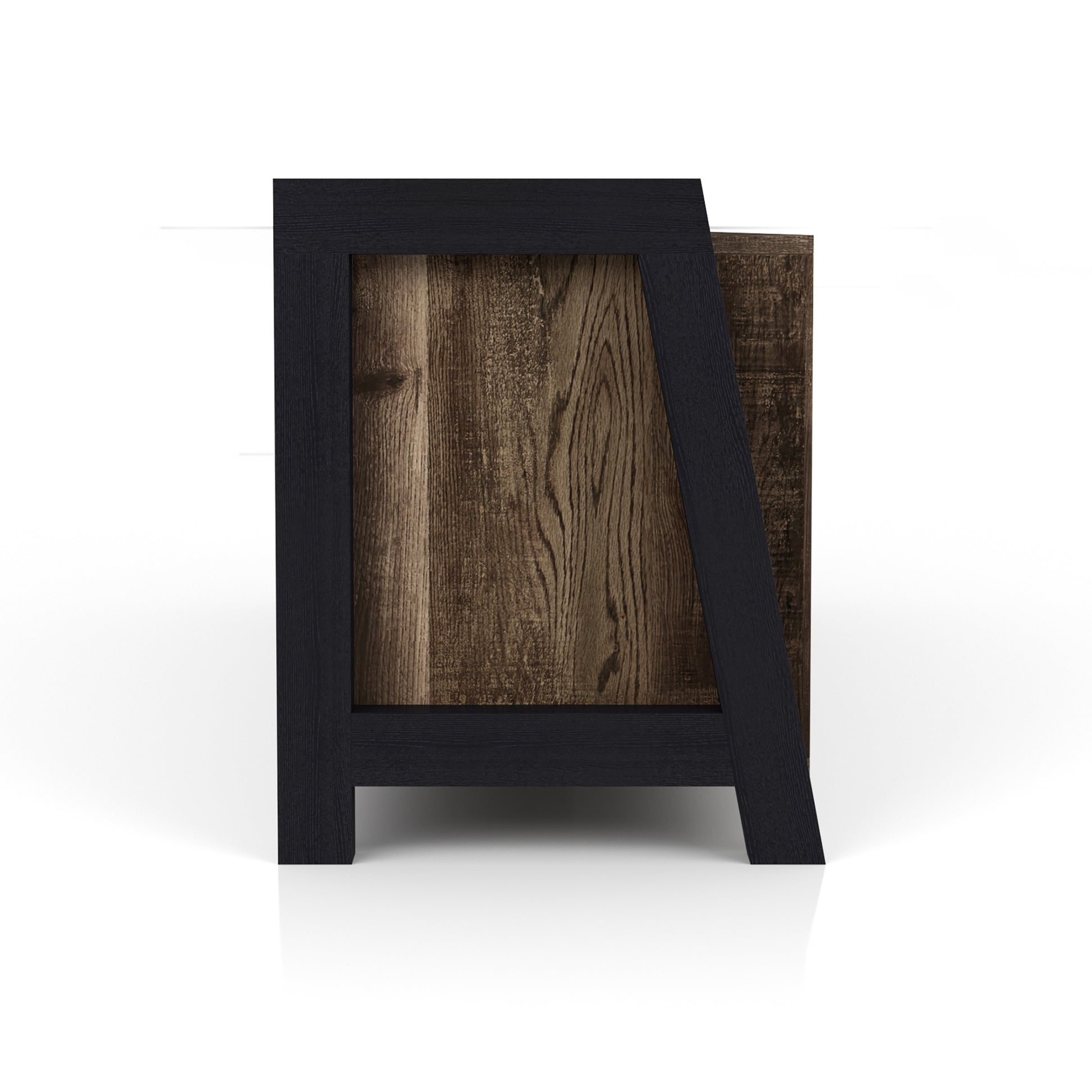 Front-facing side view of a farmhouse reclaimed oak and black six-shelf TV stand on a white background