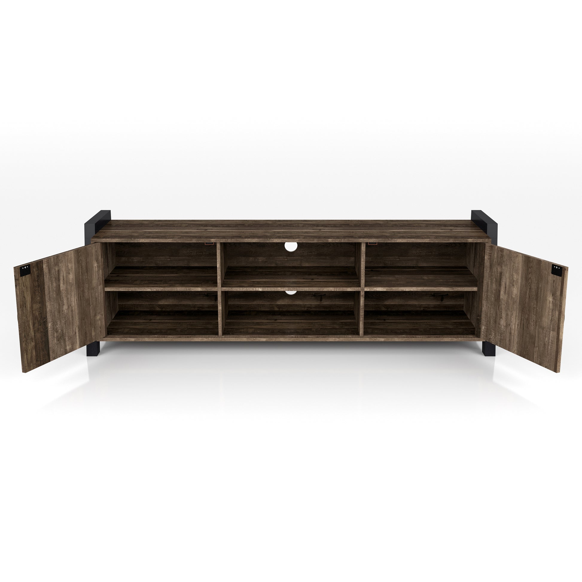 Front-facing farmhouse reclaimed oak and black six-shelf TV stand with both doors open on a white background