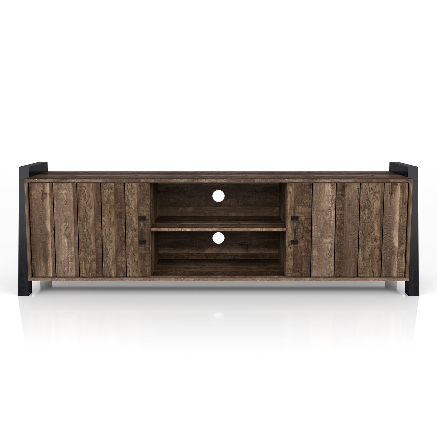 Front-facing farmhouse reclaimed oak and black six-shelf TV stand on a white background