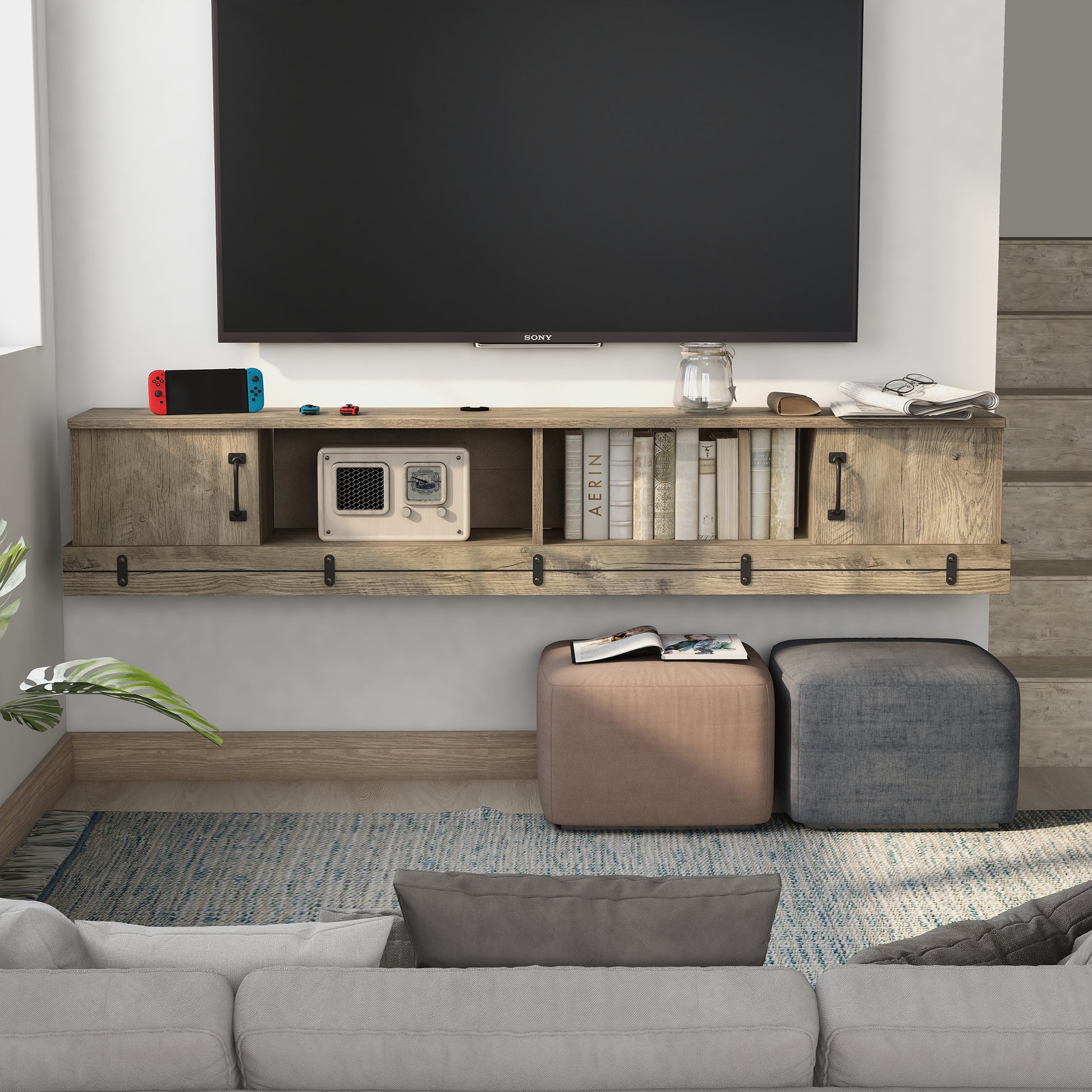 Front-facing rustic weathered oak two-door two-shelf floating TV stand in a living room with accessories