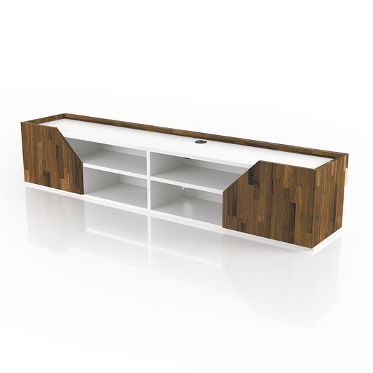 Left angled transitional white and wood four-shelf floating TV stand on a white background