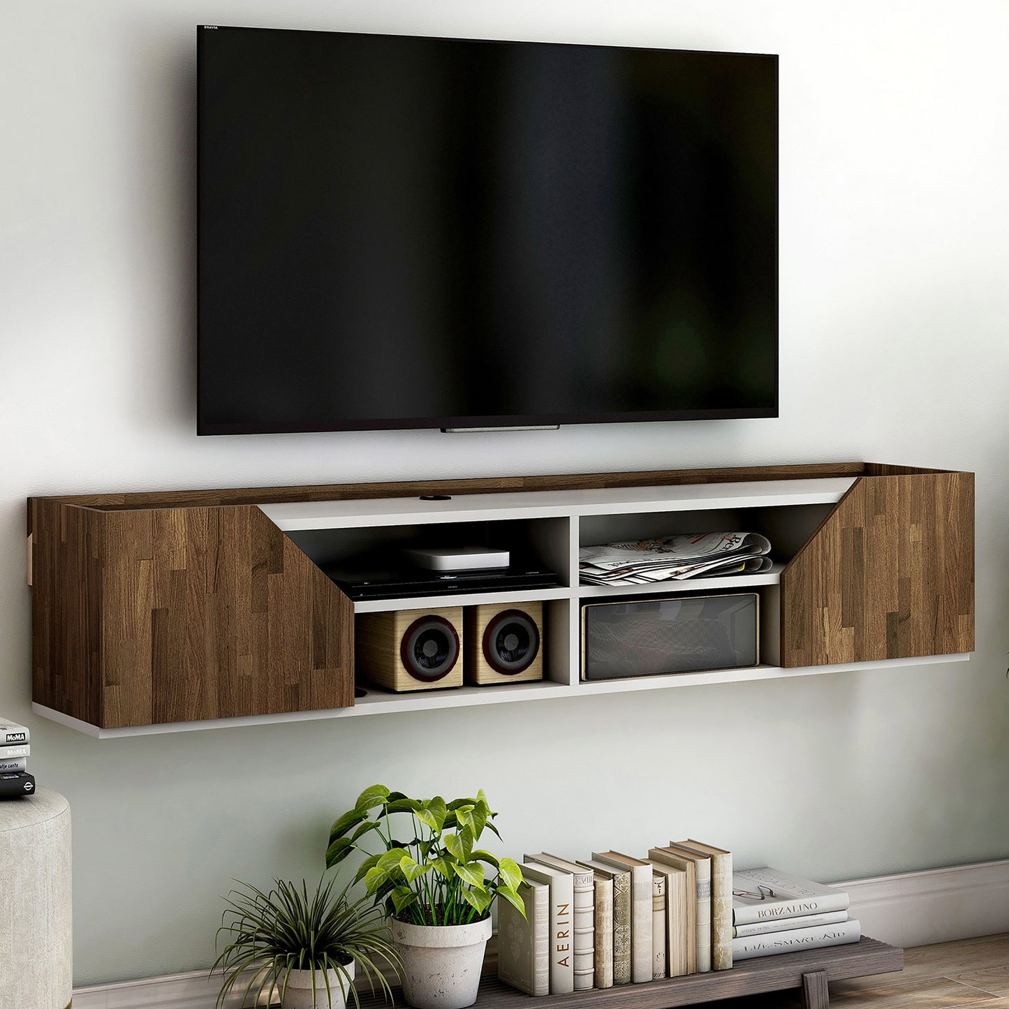 Right angled transitional white and wood four-shelf floating TV stand in a living room with accessories