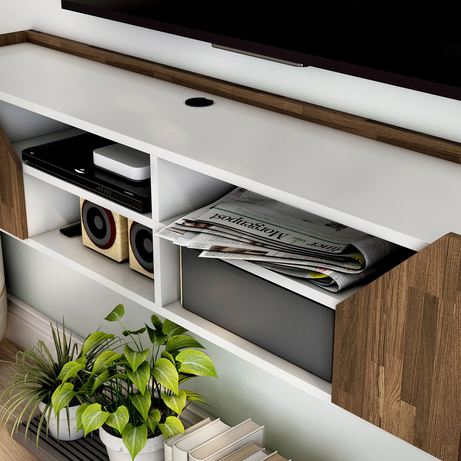 Left angled close-up shelf detail view of a transitional white and wood four-shelf floating TV stand in a living room with accessories