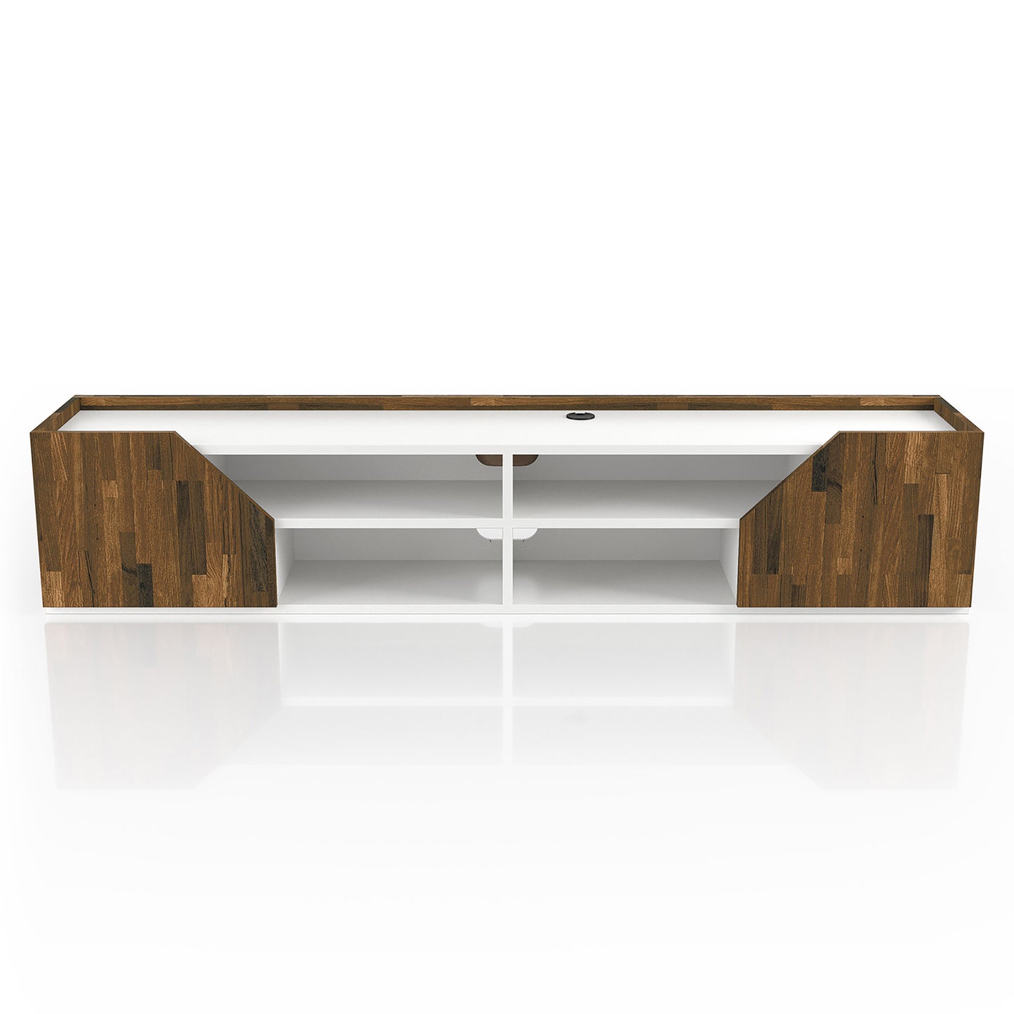 Front-facing transitional white and wood four-shelf floating TV stand on a white background
