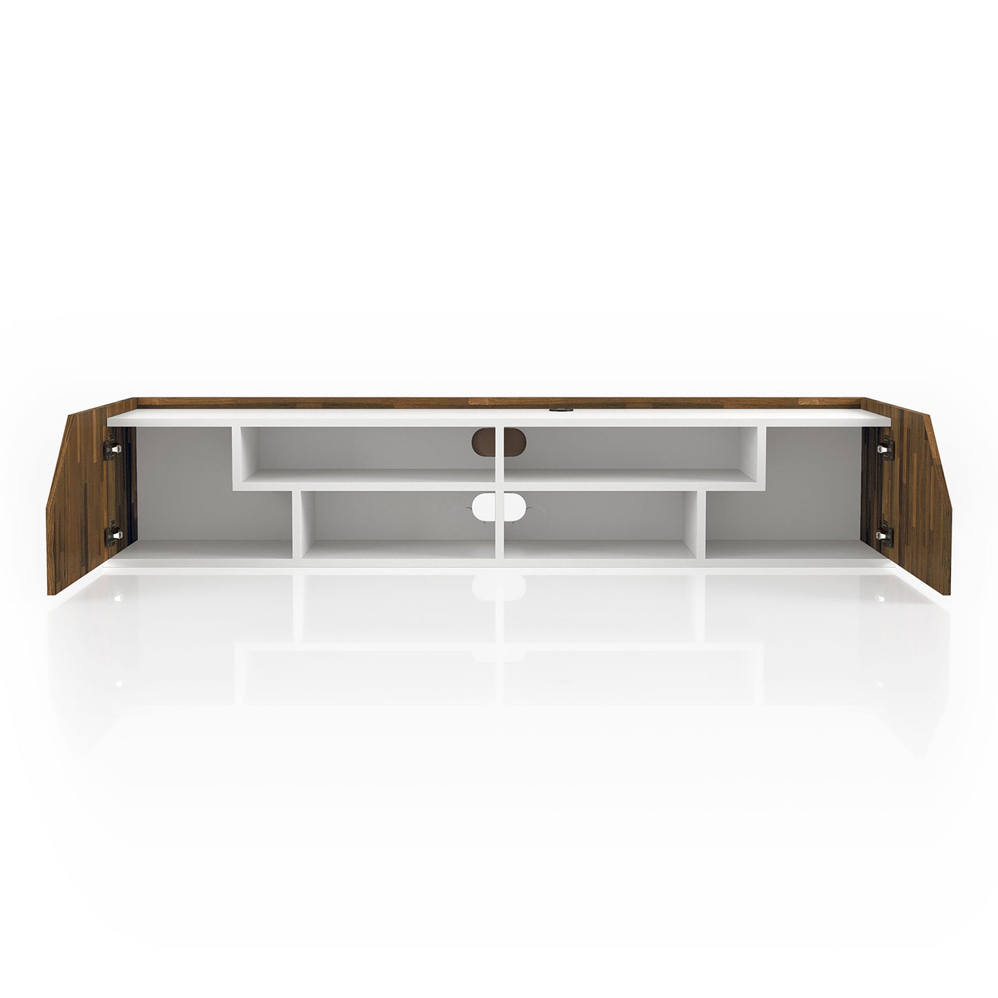 Front-facing transitional white and wood four-shelf floating TV stand with doors open on a white background