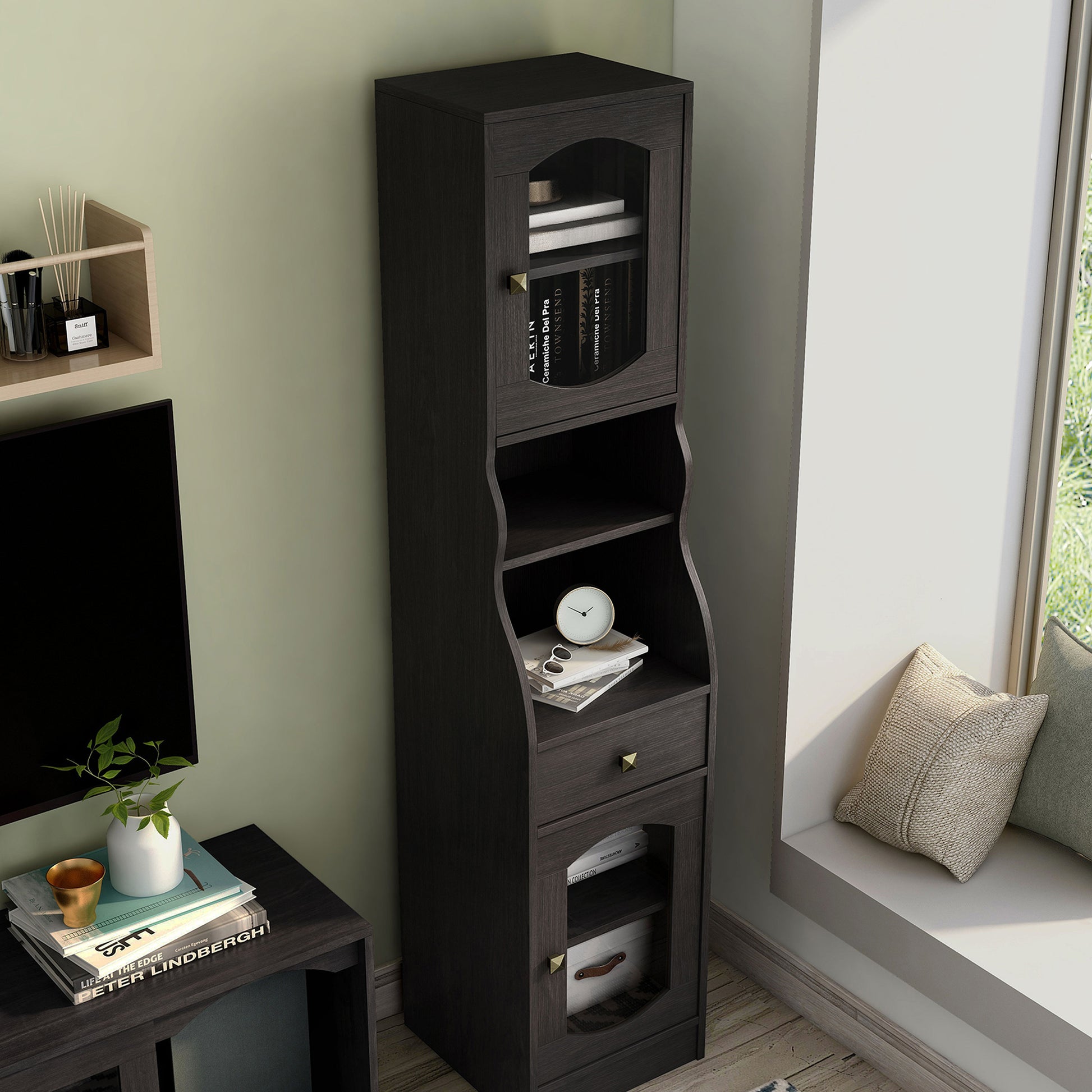 Right angled bird's eye view of a transitional espresso two-door tower cabinet in a living area with accessories