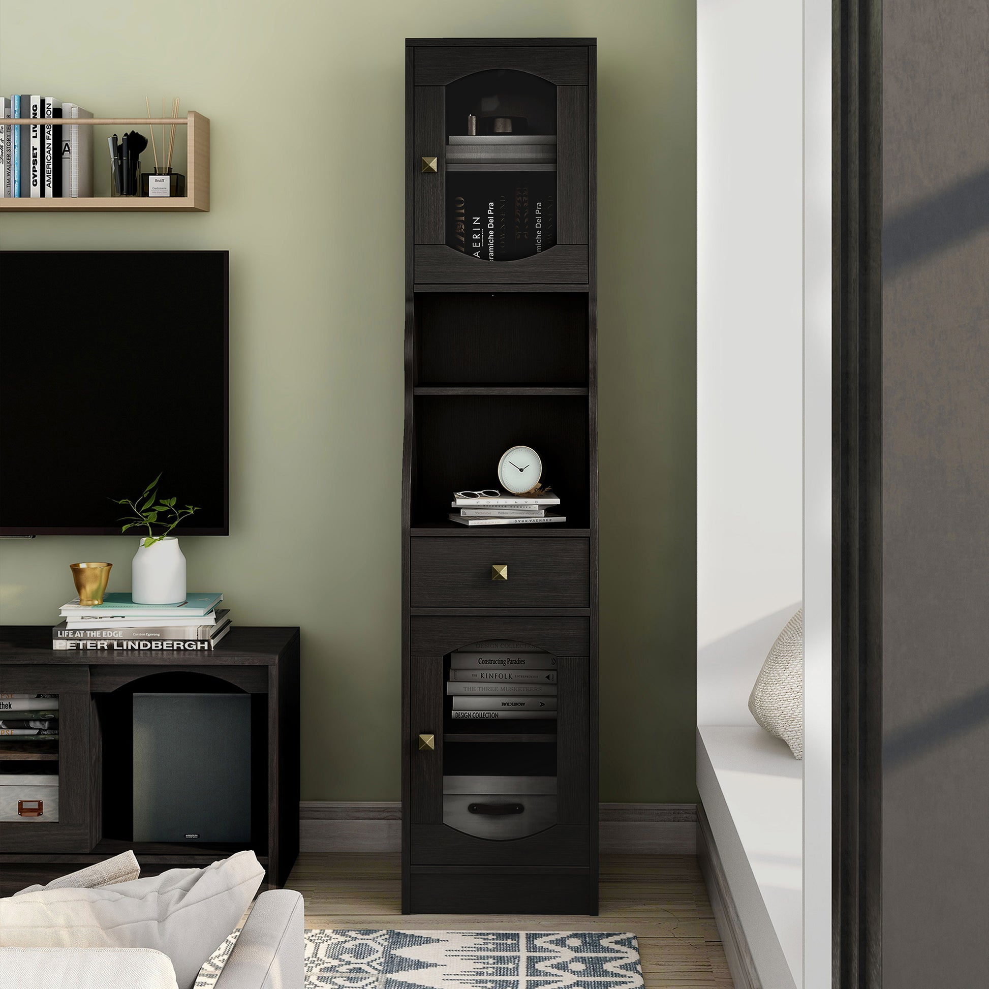 Front-facing transitional espresso two-door tower cabinet in a living area with accessories
