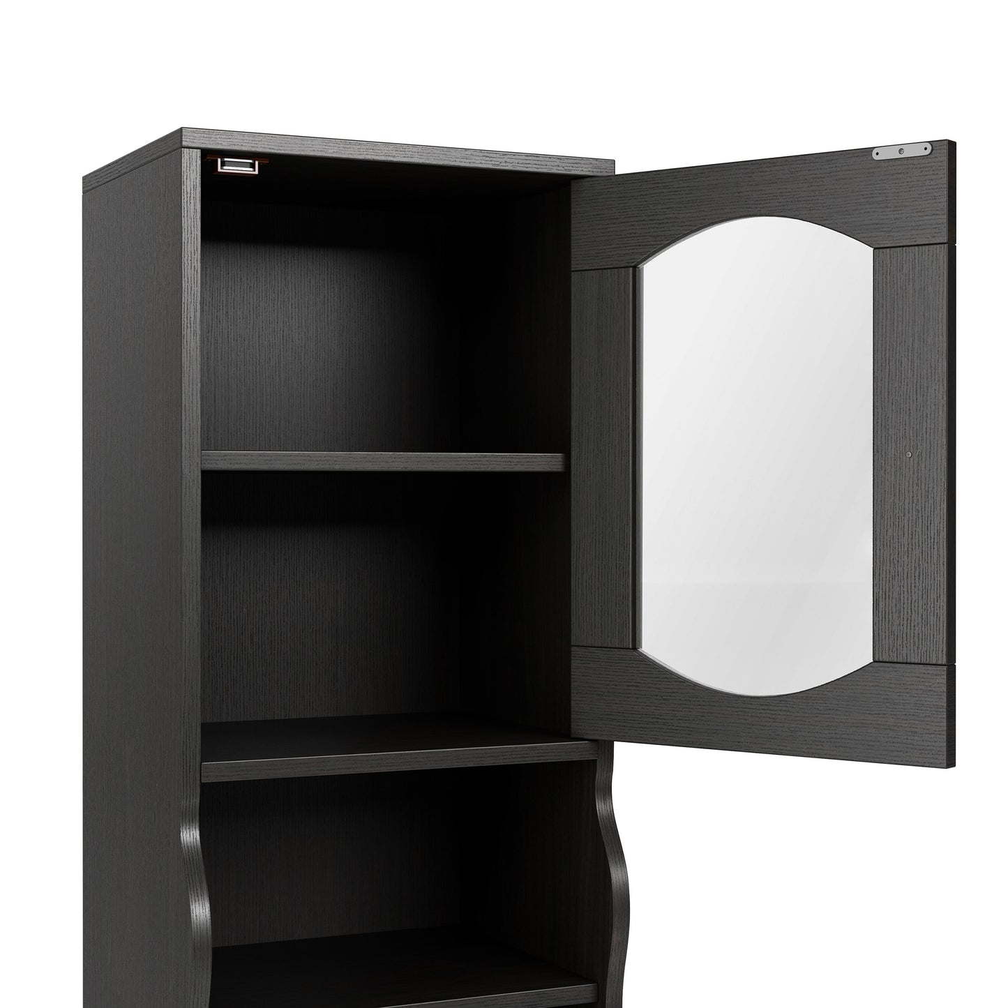 Right angled close-up upper door/shelf view of a transitional espresso two-door tower cabinet with door open on a white background
