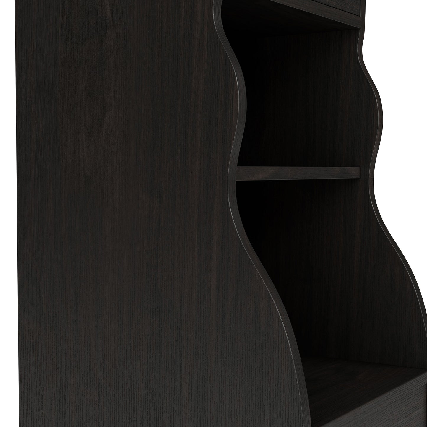 Right angled close-up wavy panel silhouette view of a transitional espresso two-door tower cabinet on a white background