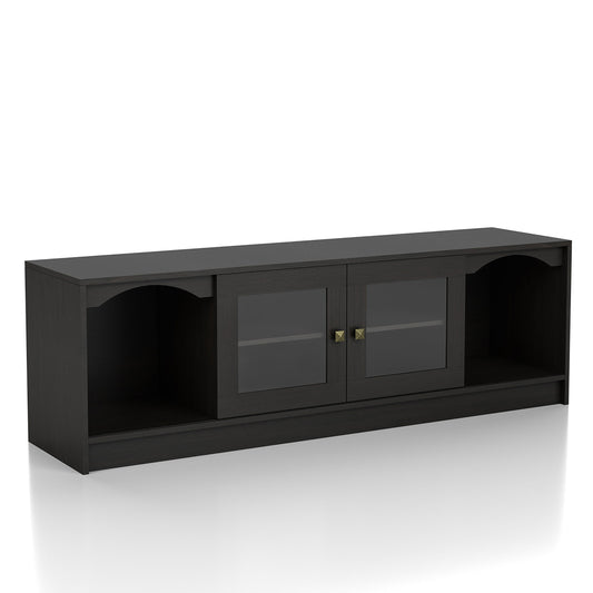 Right angled transitional espresso two-sliding door TV stand on a white background