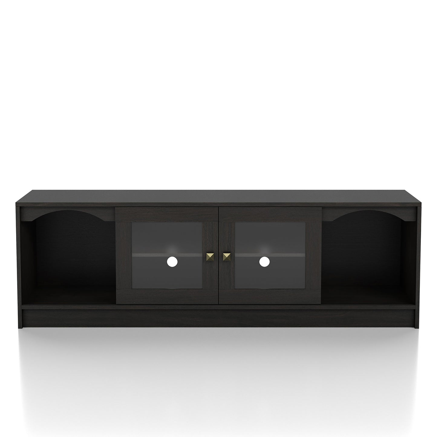 Front-facing transitional espresso two-sliding door TV stand on a white background