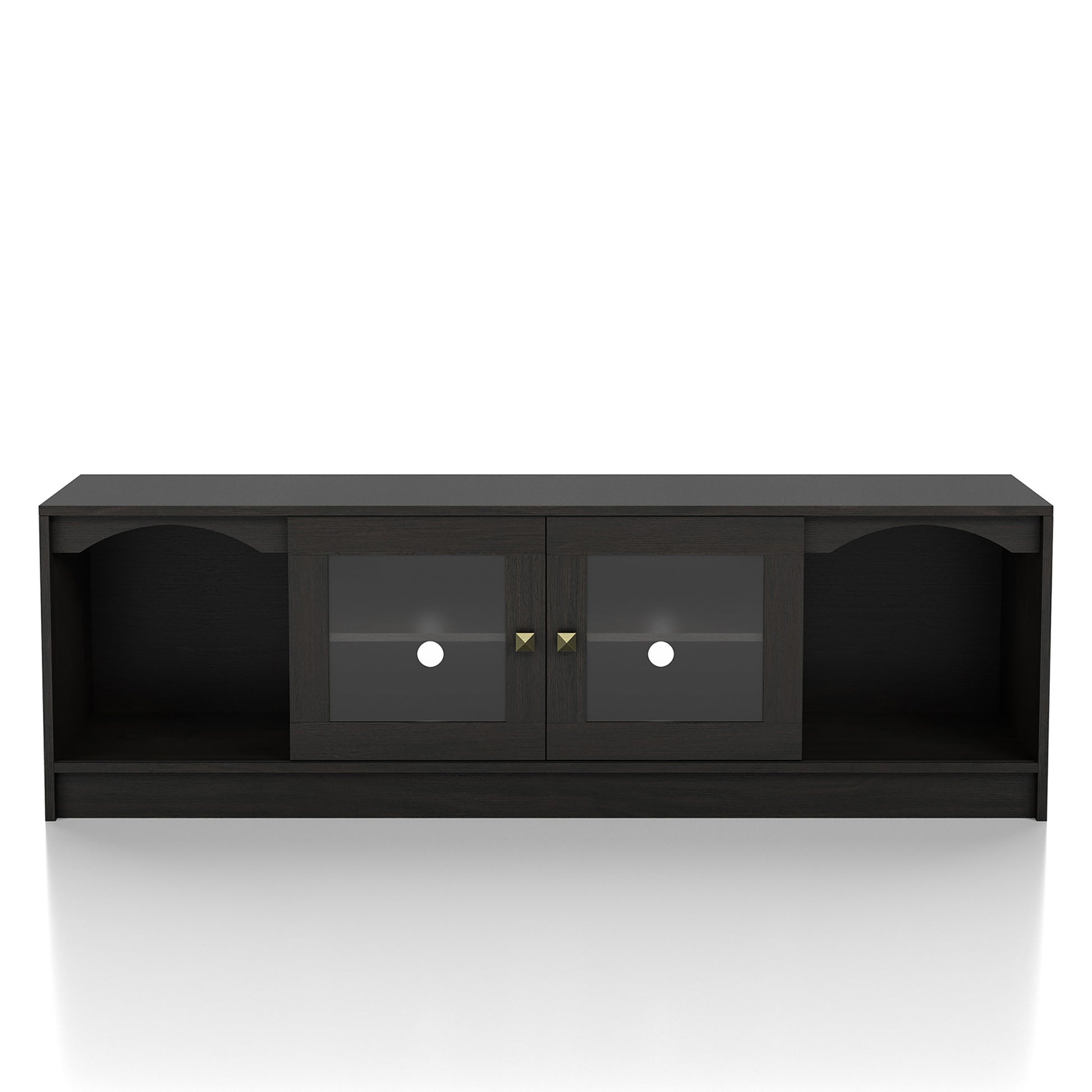 Front-facing transitional espresso two-sliding door TV stand on a white background