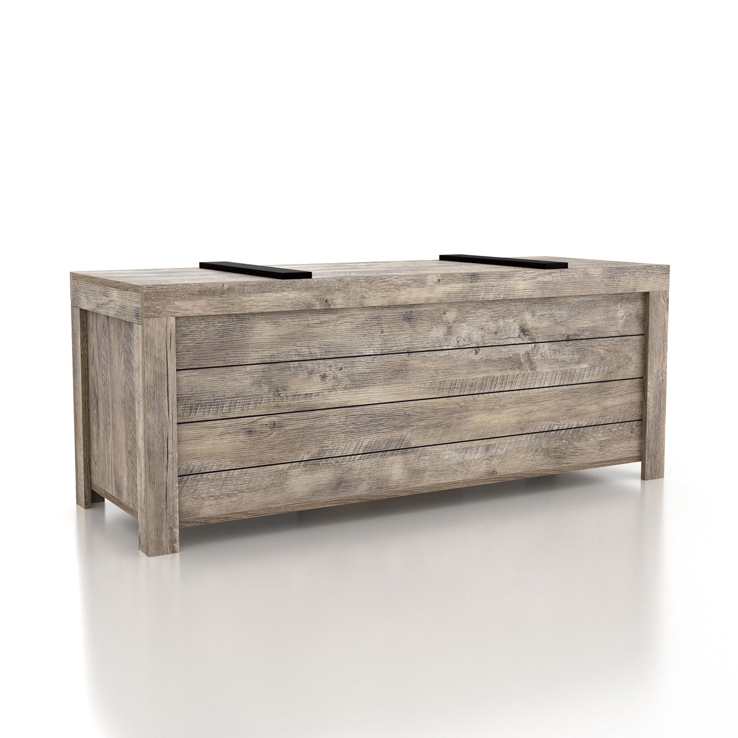 Right angled farmhouse weathered oak sliding top storage bench on a white background