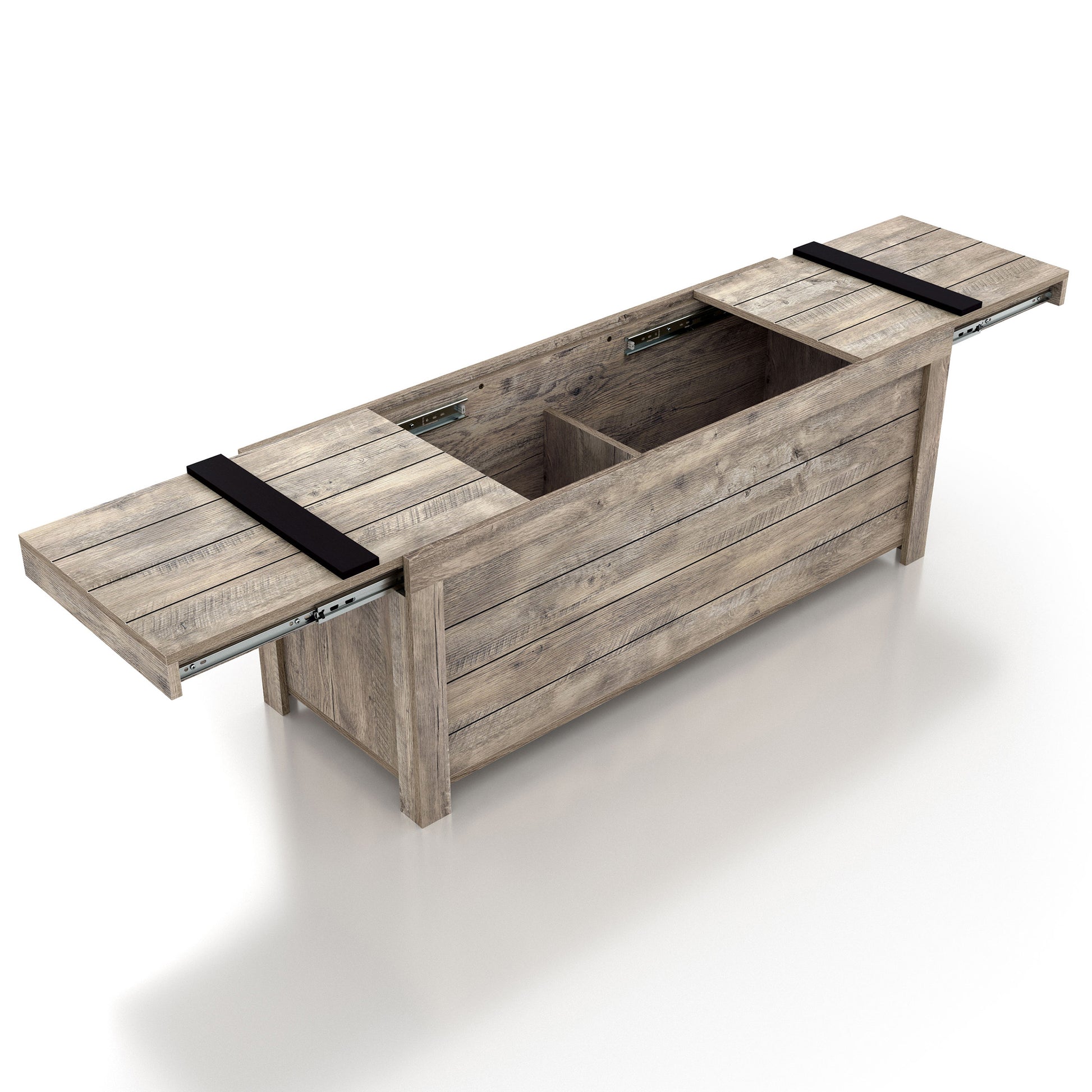 Right angled bird's eye view of a farmhouse weathered oak sliding top storage bench with top open on a white background