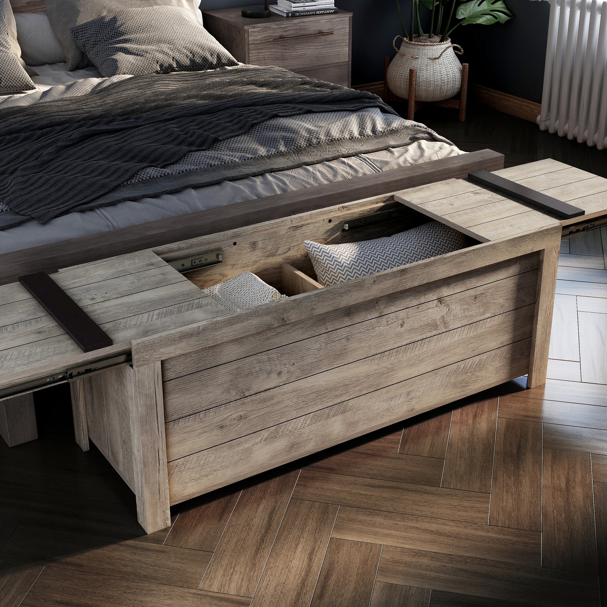 Right angled farmhouse weathered oak sliding top storage bench with top open in a bedroom with accessories