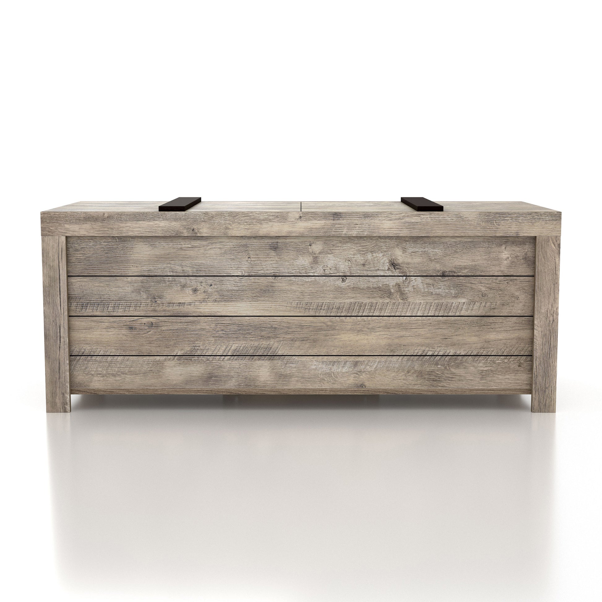 Front-facing farmhouse weathered oak sliding top storage bench on a white background