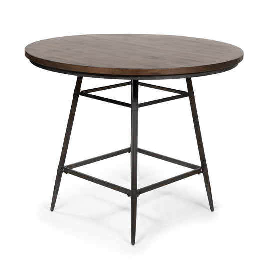 Angled rustic industrial weathered gray and rustic dark oak counter height round dining table on a white background